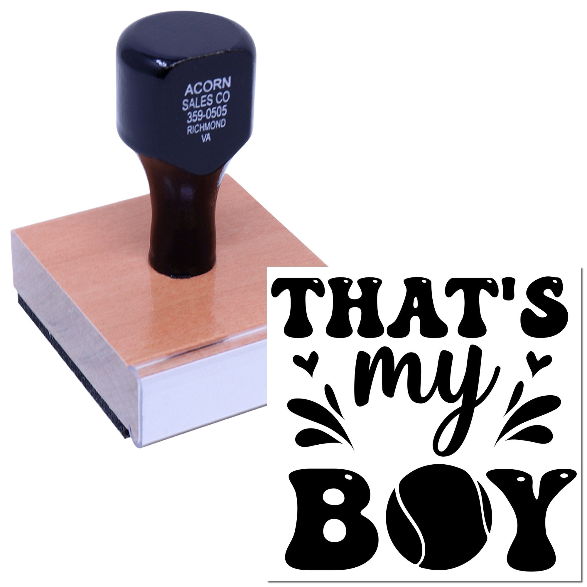 Personalized rubber stamp with Thats My Boy design, shown with sample imprint for crafts, gifts, and packaging.