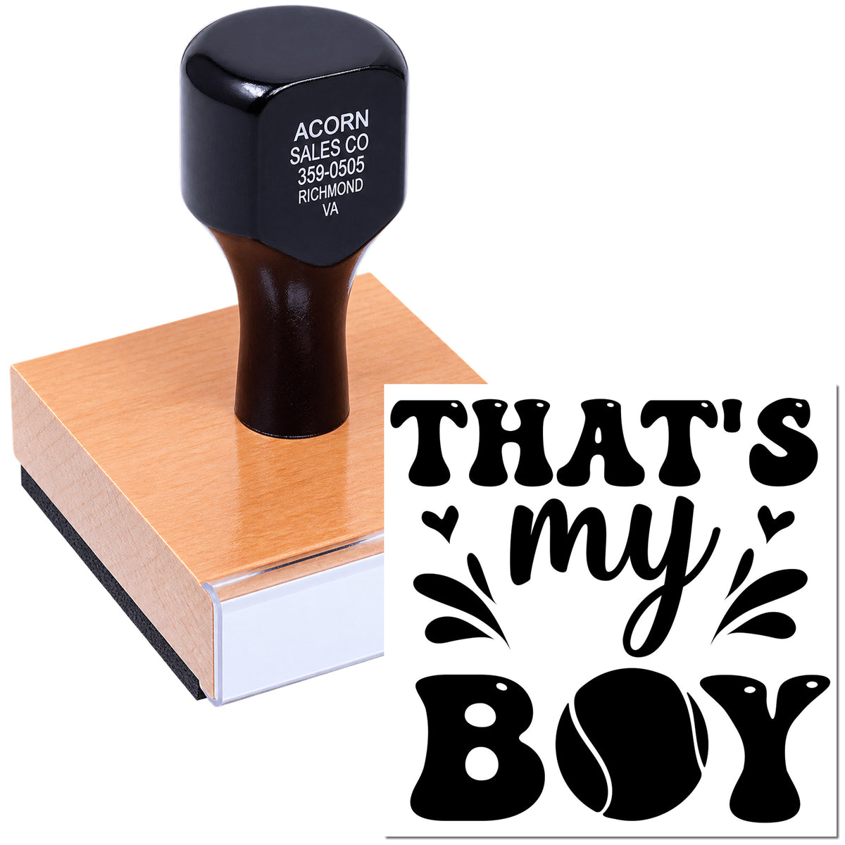 Personalized rubber stamp with Thats My Boy design, shown with sample imprint for crafts, gifts, and packaging.