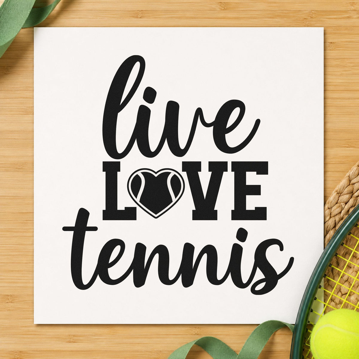 Live Love Tennis Heart craft stamp imprint in black ink on a handmade project, one idea being free sample tags.