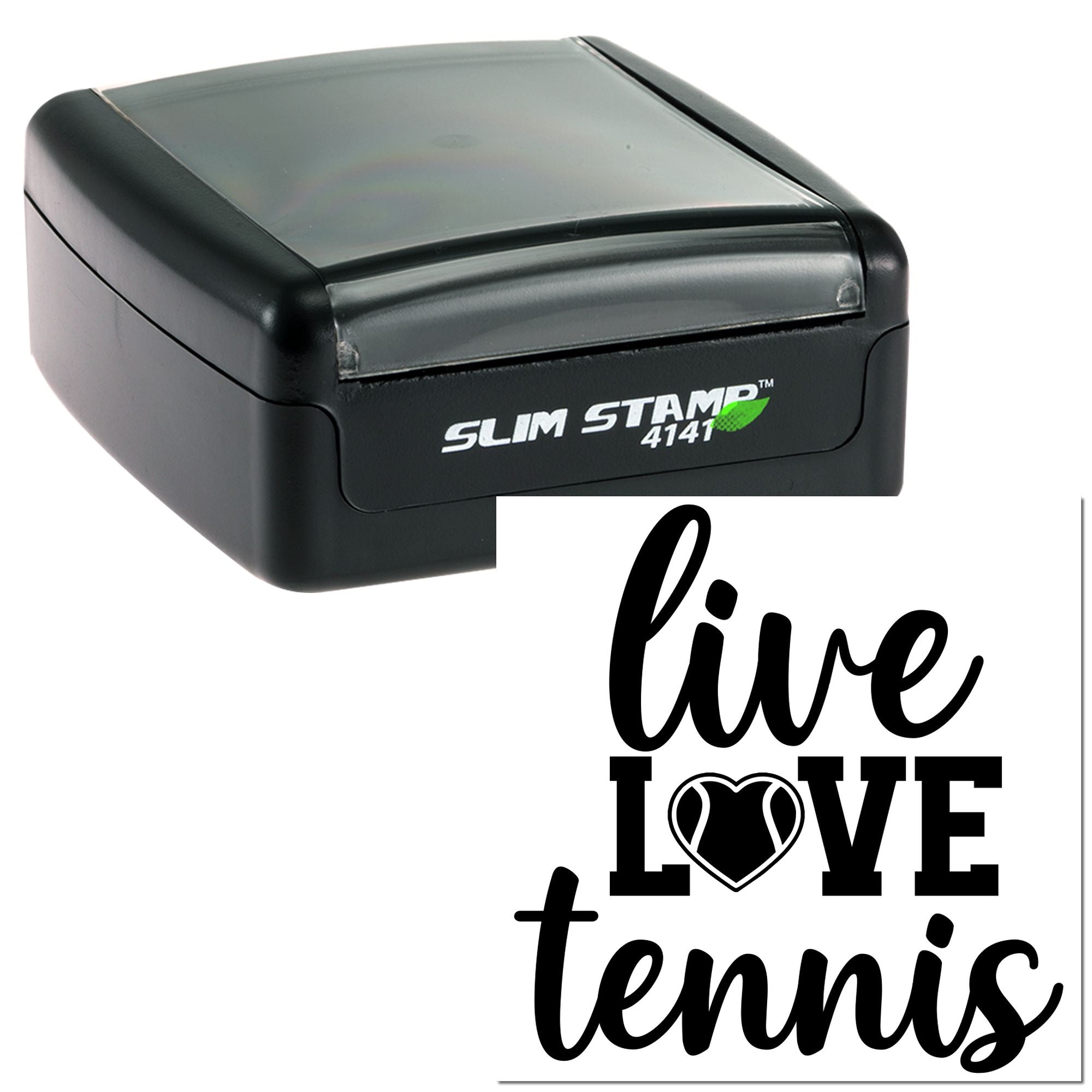 Slim Stamp 4141 self-inking rubber stamp with custom live love tennis design for personalized tennis branding.