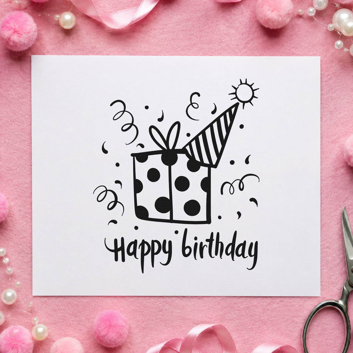 Birthday Gift Party Hat craft stamp in black ink on cardstock, an easy option for party album page.