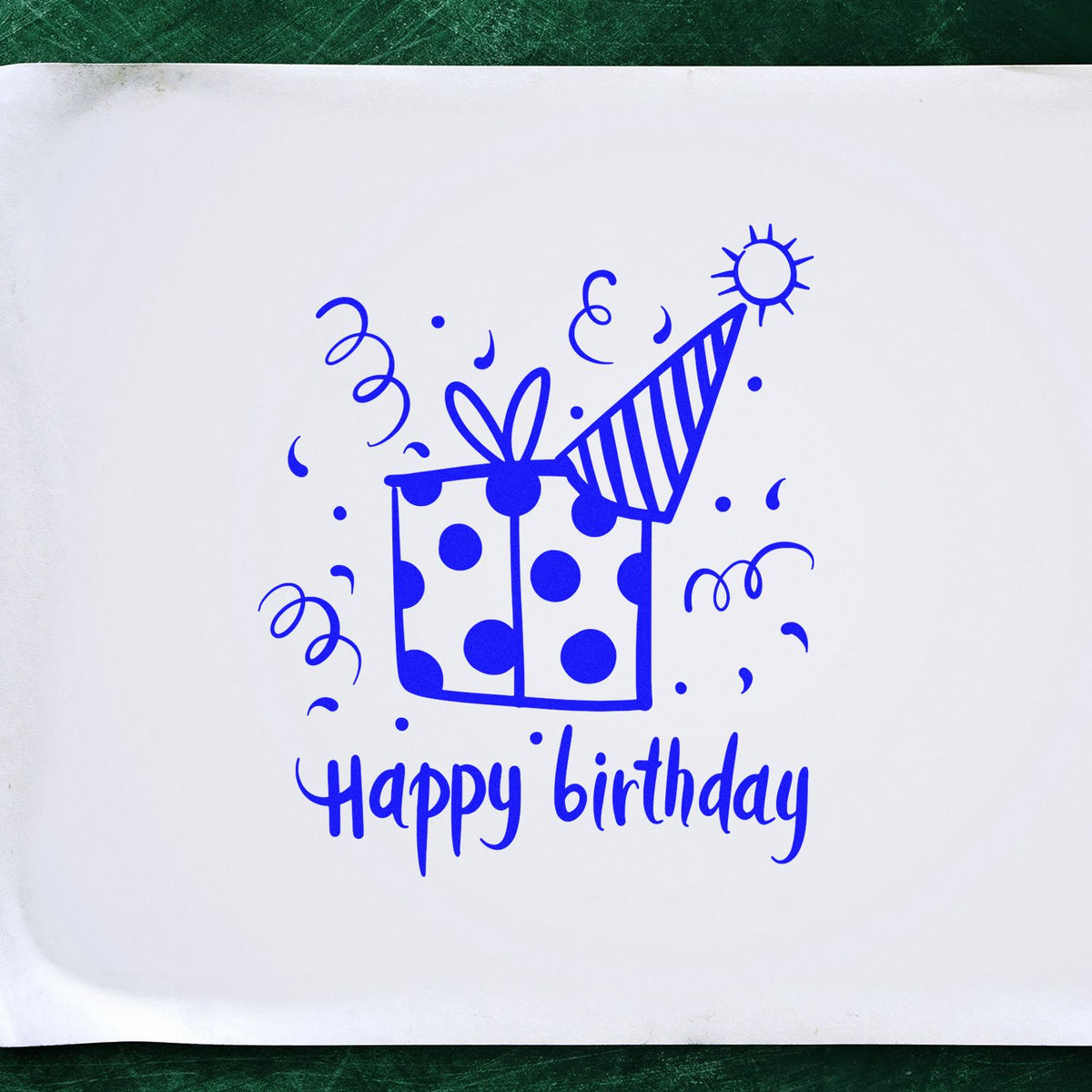 Birthday Gift Party Hat rubber stamp shown in blue ink, stamped for projects such as party album page.