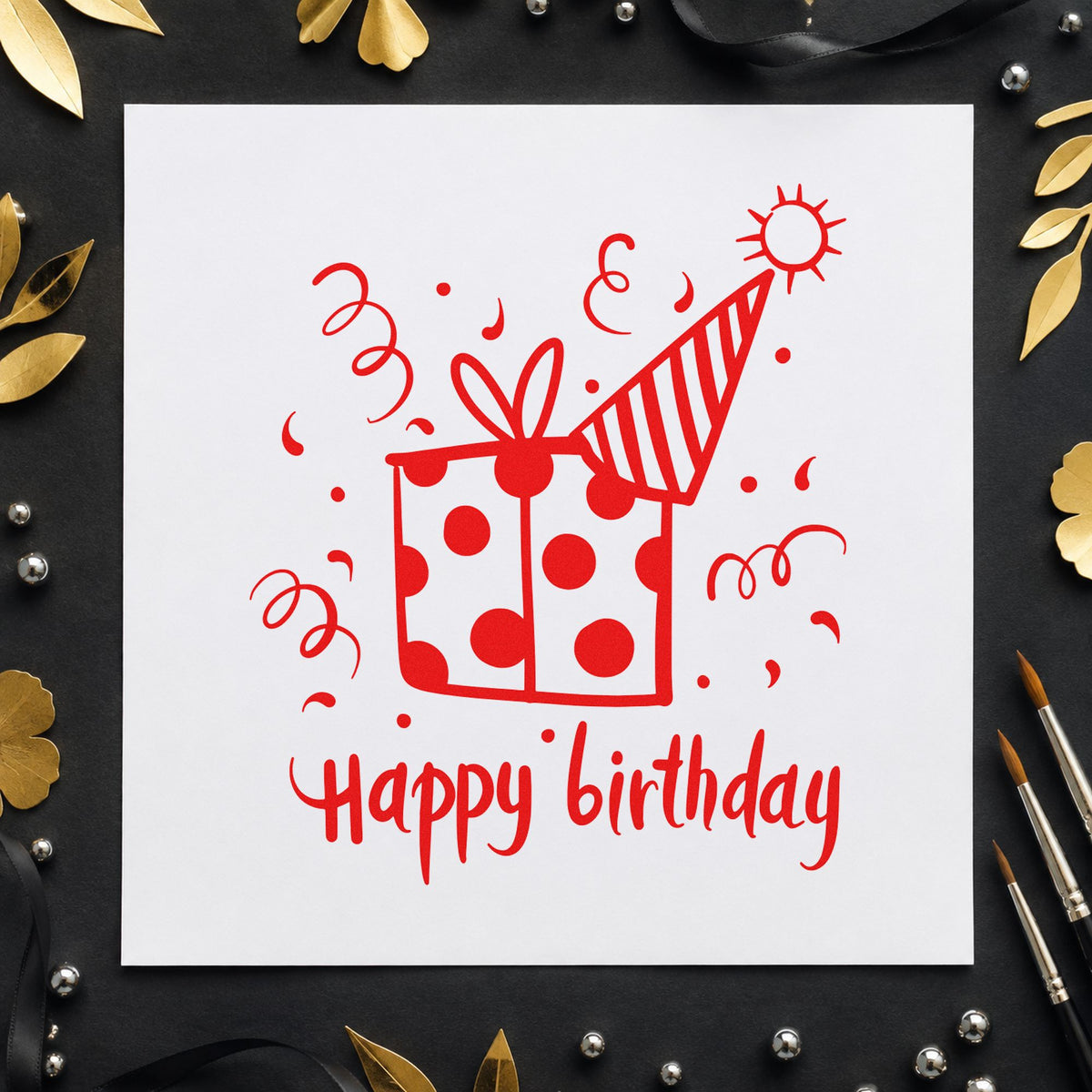 Birthday Gift Party Hat craft stamp imprint in red ink on a handmade project, one idea being thank you cards.