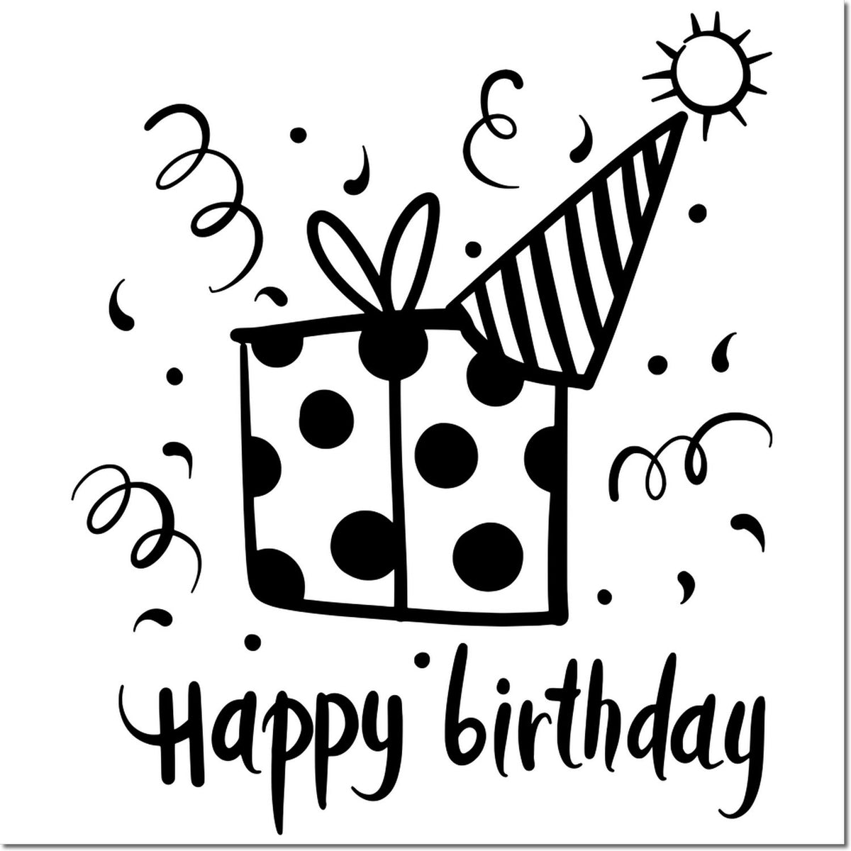 Happy Birthday rubber stamp design with gift box, party hat, and confetti for greeting cards, scrapbooking, and party crafts.
