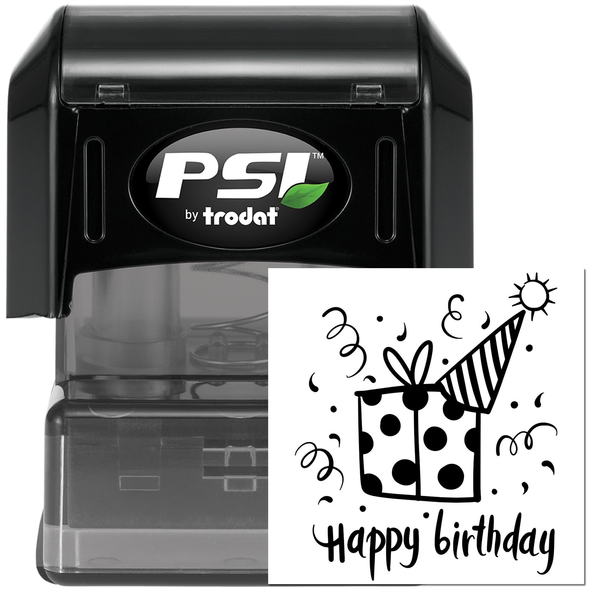 PSI by Trodat self-inking happy birthday rubber stamp with gift design for custom birthday cards and party invitations.