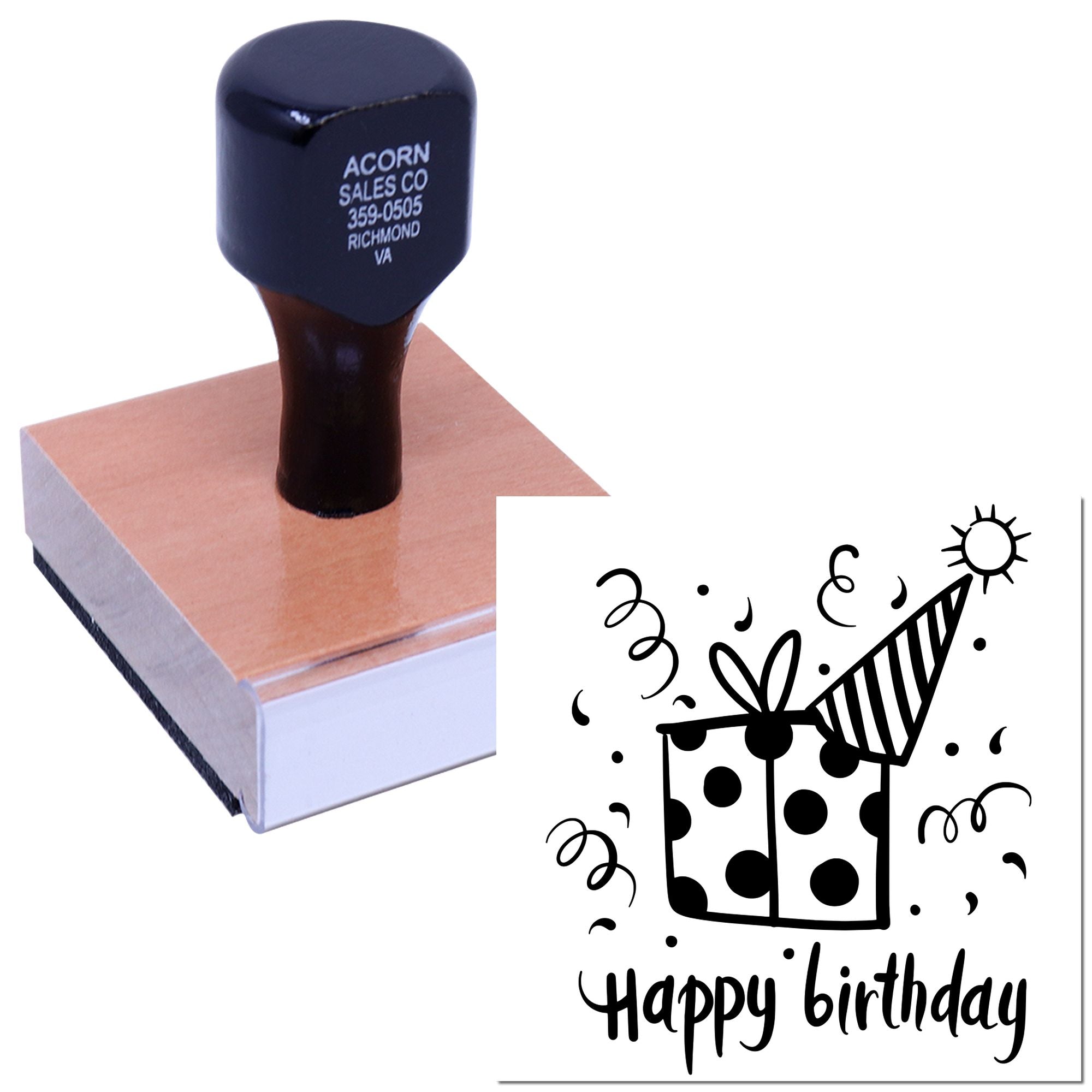 Custom rubber stamp with happy birthday gift design for party cards, invitations, and gift tags