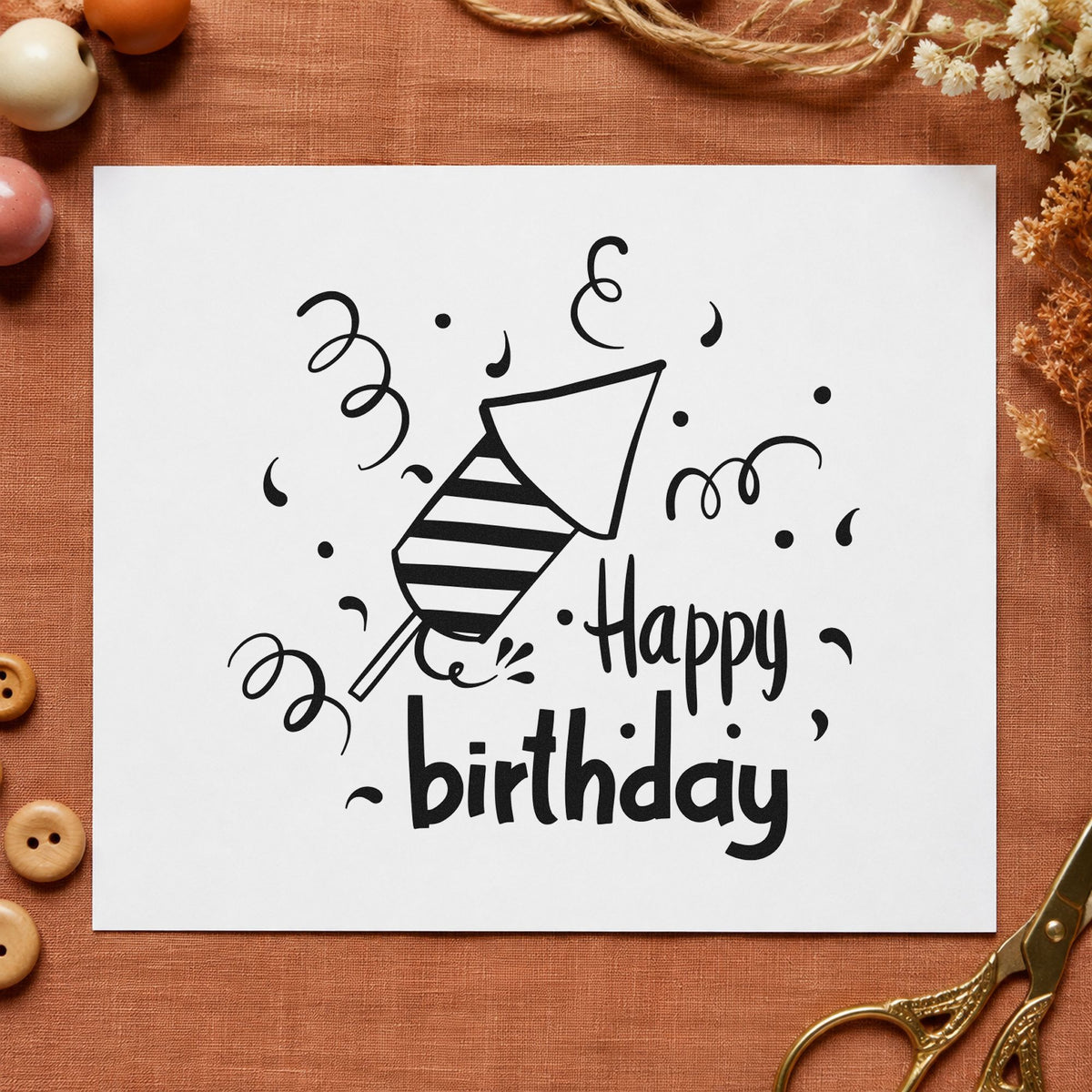 Birthday Party Horn Confetti craft stamp in black ink on cardstock, an easy option for milestone album page.