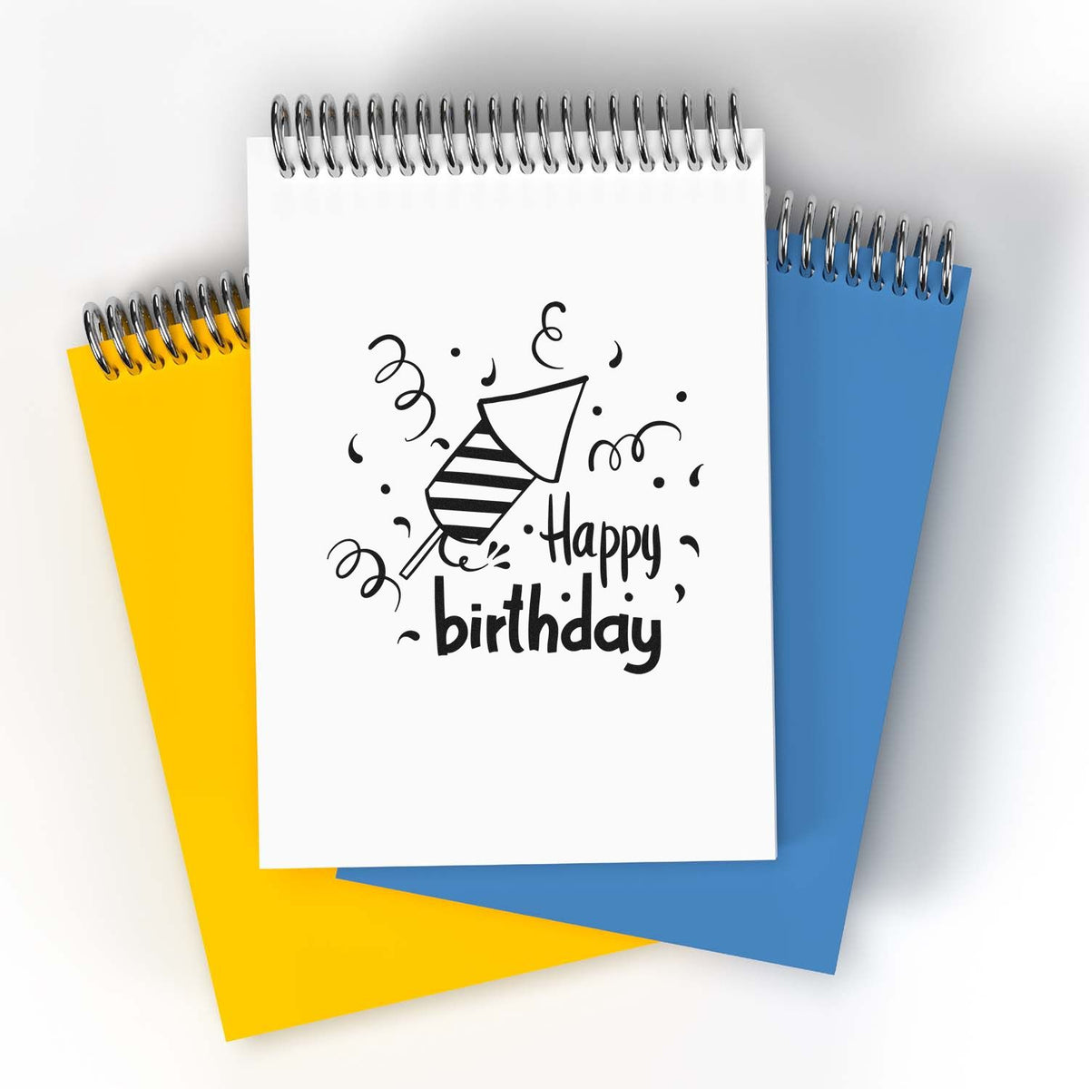 Striped Party Horn Birthday Wishes Premium Wooden Stamp - Vintage Pro imprint stamped in black ink. A striped party horn sits among curling streamers beside Happy birthday.
