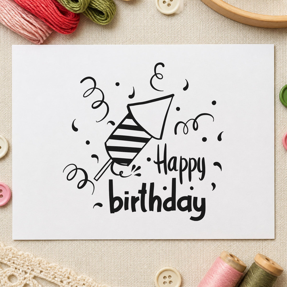 Birthday Party Horn Confetti rubber stamp printed in black ink, ready for toast order sheet and similar paper crafts.
