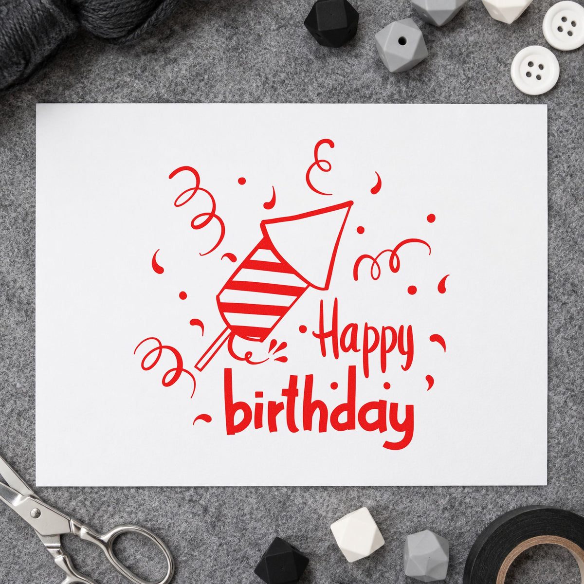Birthday Party Horn Confetti rubber stamp shown in red ink, stamped for projects such as bin decor labels.