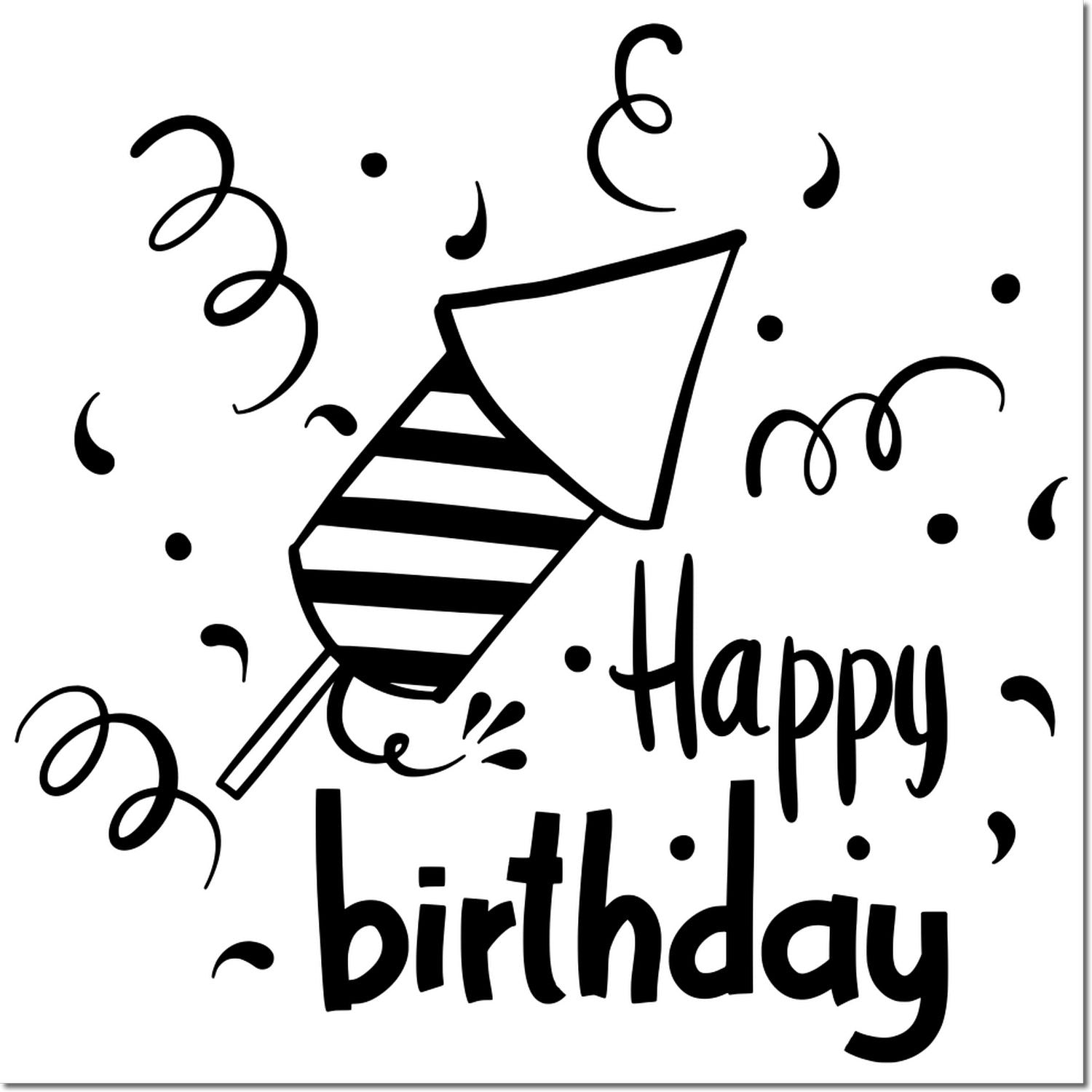 Happy Birthday rubber stamp design with party popper, confetti, and celebratory lettering for birthday cards and crafts