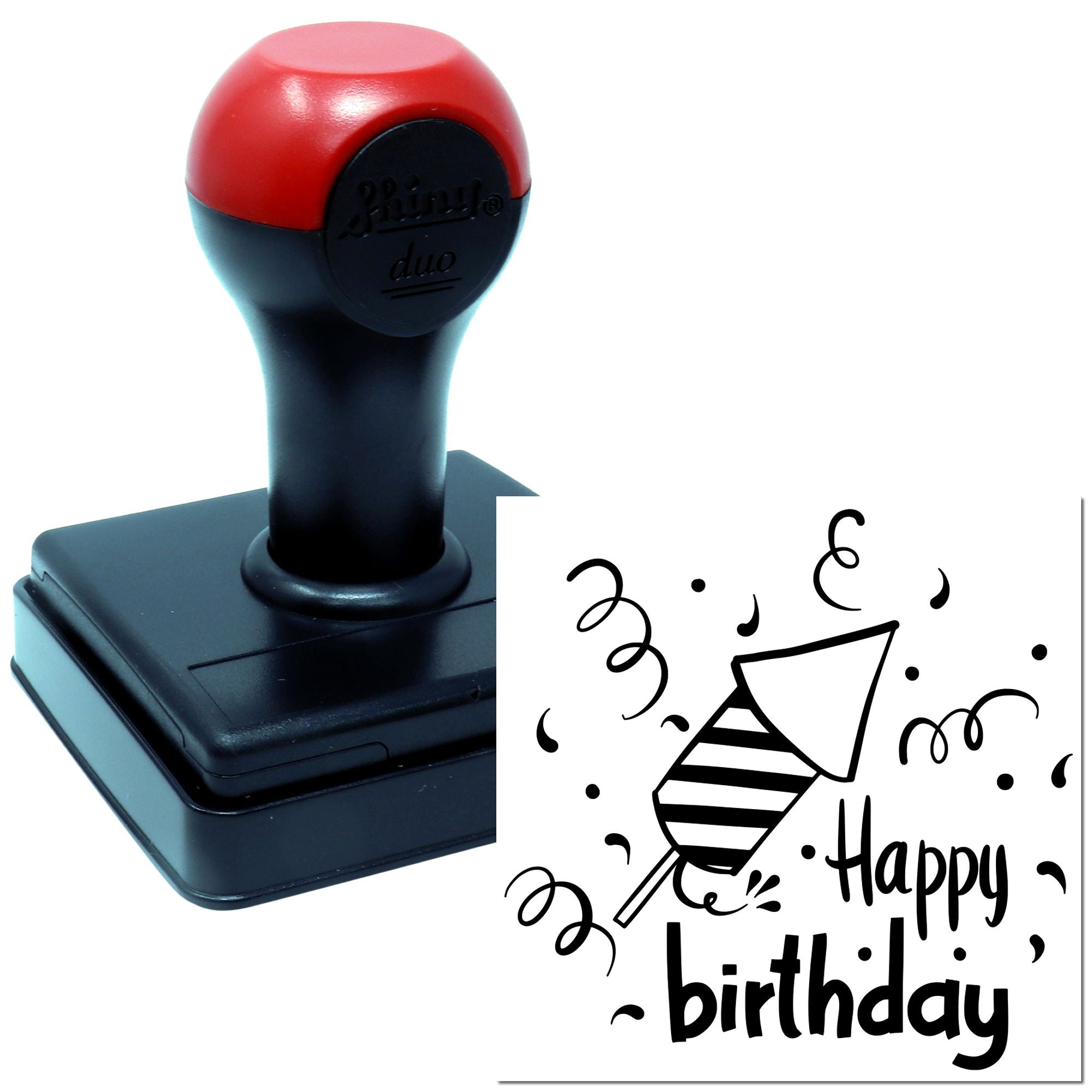Happy Birthday rubber stamp with party hat design, ideal for birthday cards, invitations, and craft projects.