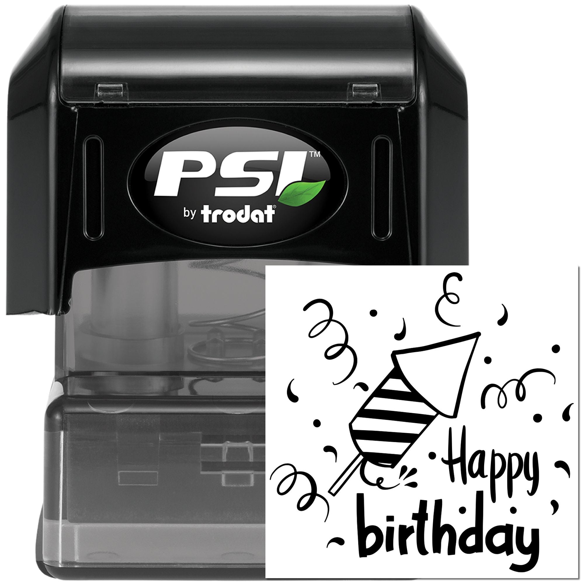 PSI by Trodat self-inking rubber stamp with Happy Birthday design for custom birthday cards and party favors.