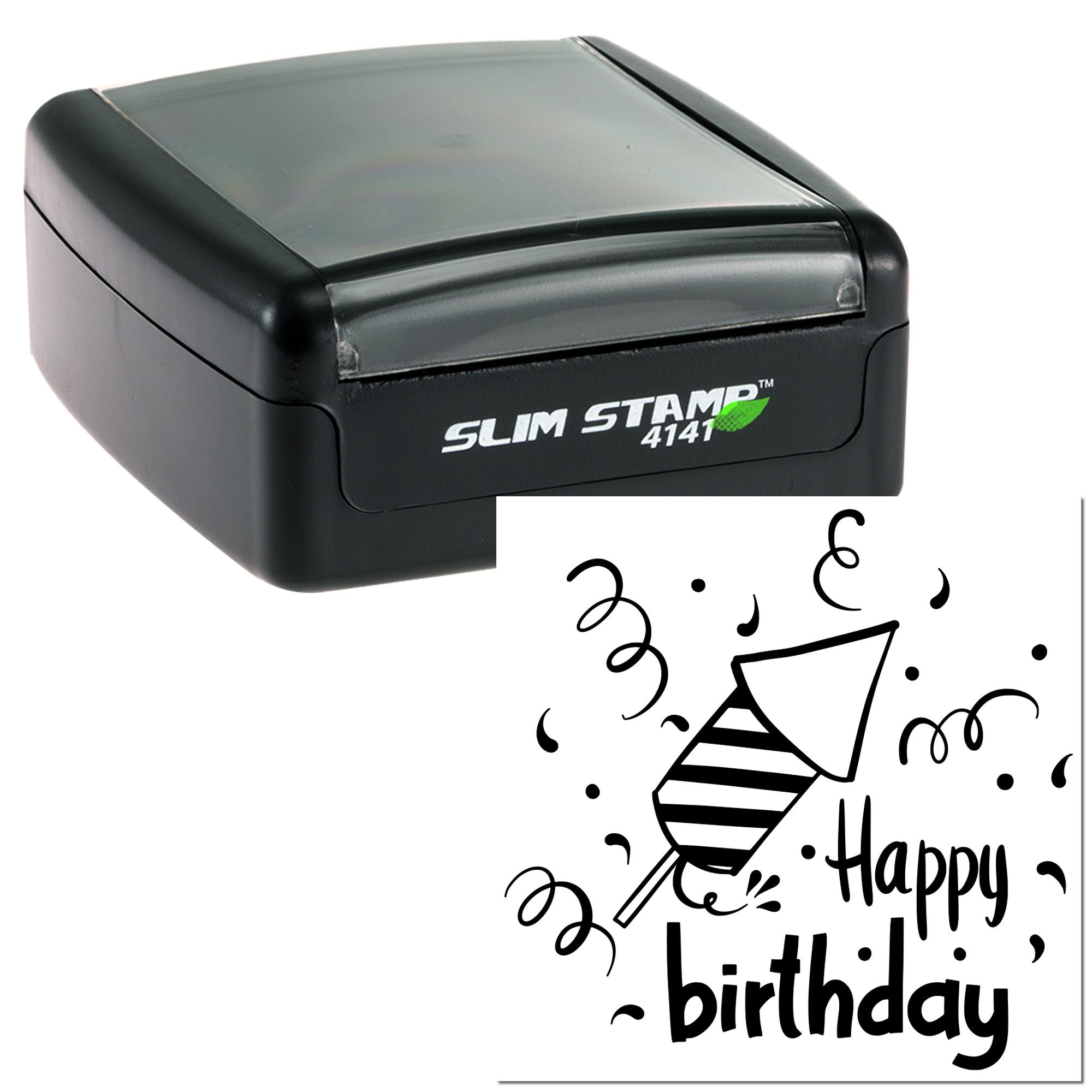 SlimStamp 4141 self-inking rubber stamp with Happy Birthday design and party hat confetti impression