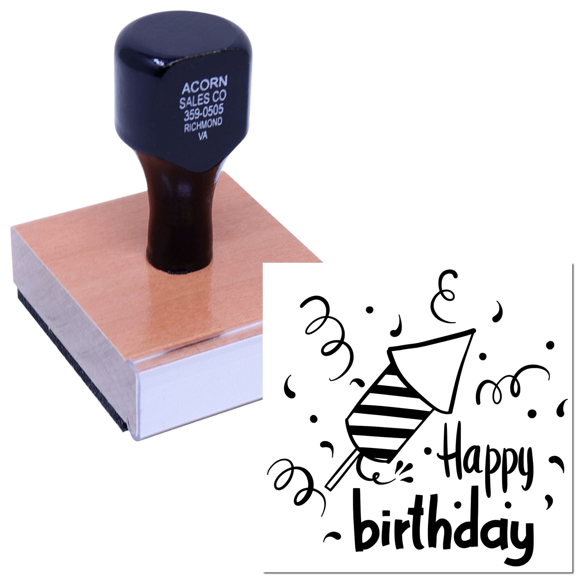 Happy birthday rubber stamp with party hat design for cards, invitations, and crafts.