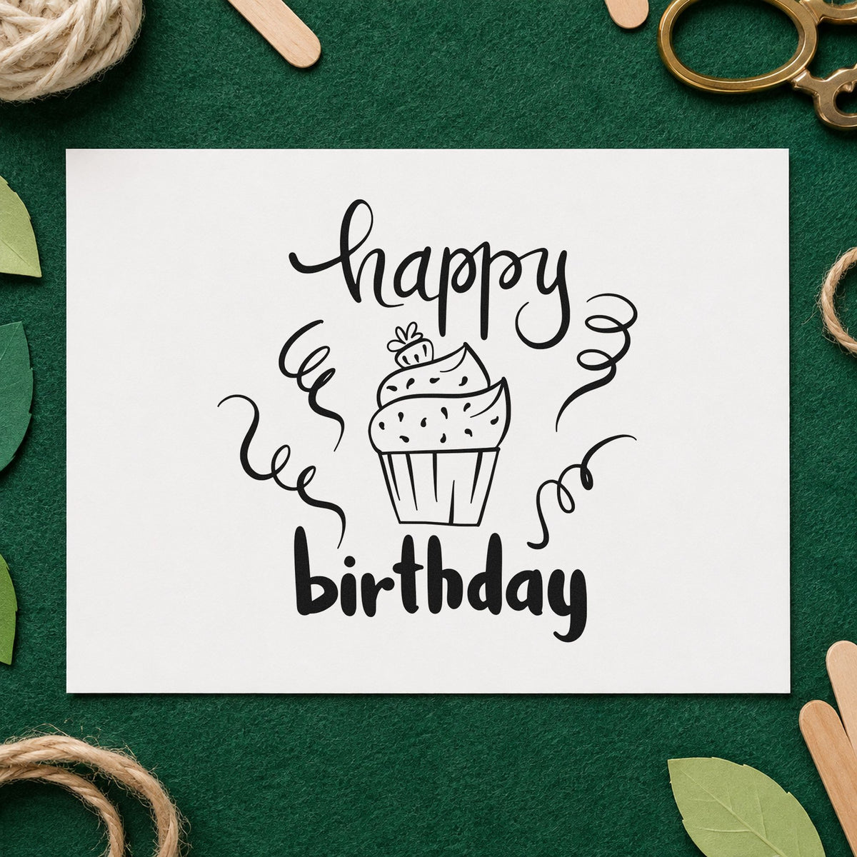 Happy Birthday Cupcake Streamers rubber stamp printed in black ink, ready for order queue sheet and similar paper crafts.
