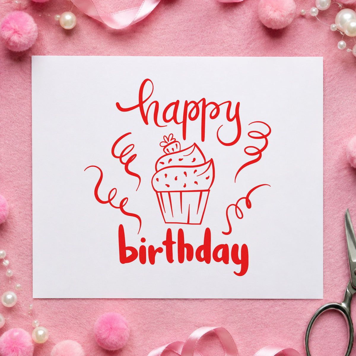 Happy Birthday Cupcake Streamers craft stamp imprint in red ink on a handmade project, one idea being care note cards.