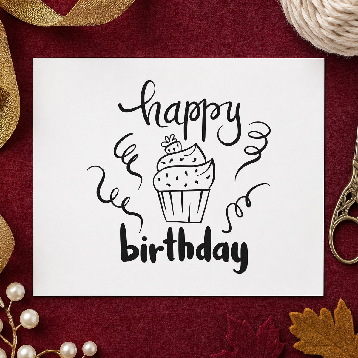Happy Birthday Cupcake Streamers rubber stamp printed in black ink, ready for frosted cupcake cards and similar paper crafts.