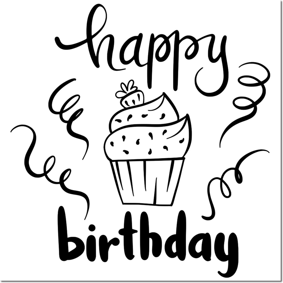 Happy birthday cupcake rubber stamp design with confetti swirls for party cards, scrapbooking, and celebration crafts.
