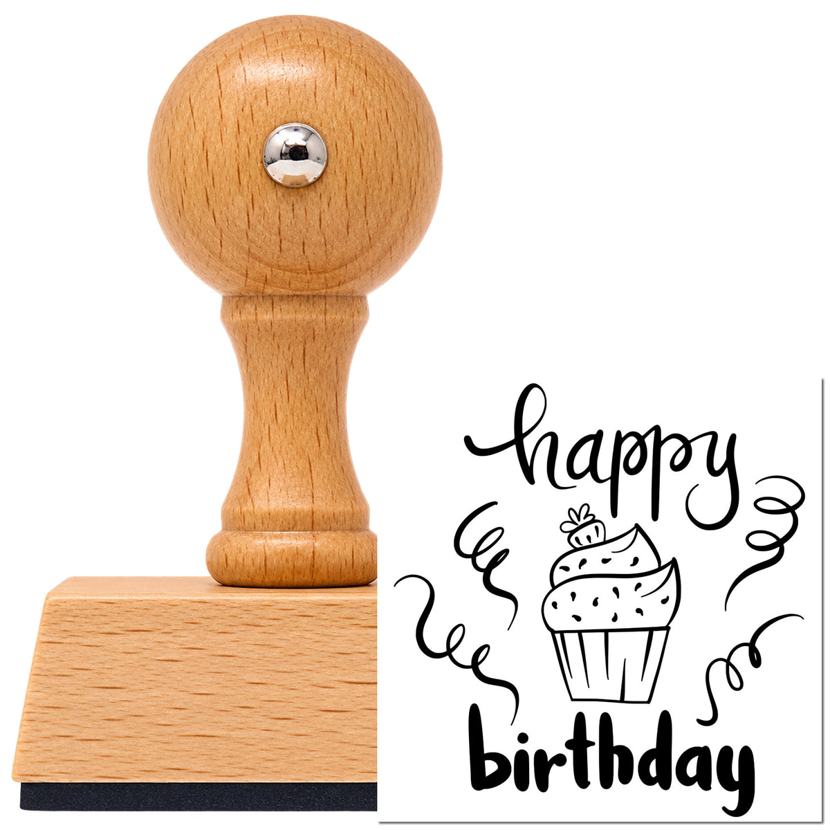 Happy Birthday Cupcake And Streamers Vintage Pro rubber stamp in European beech wood with a round knob handle, shown beside its black imprint.