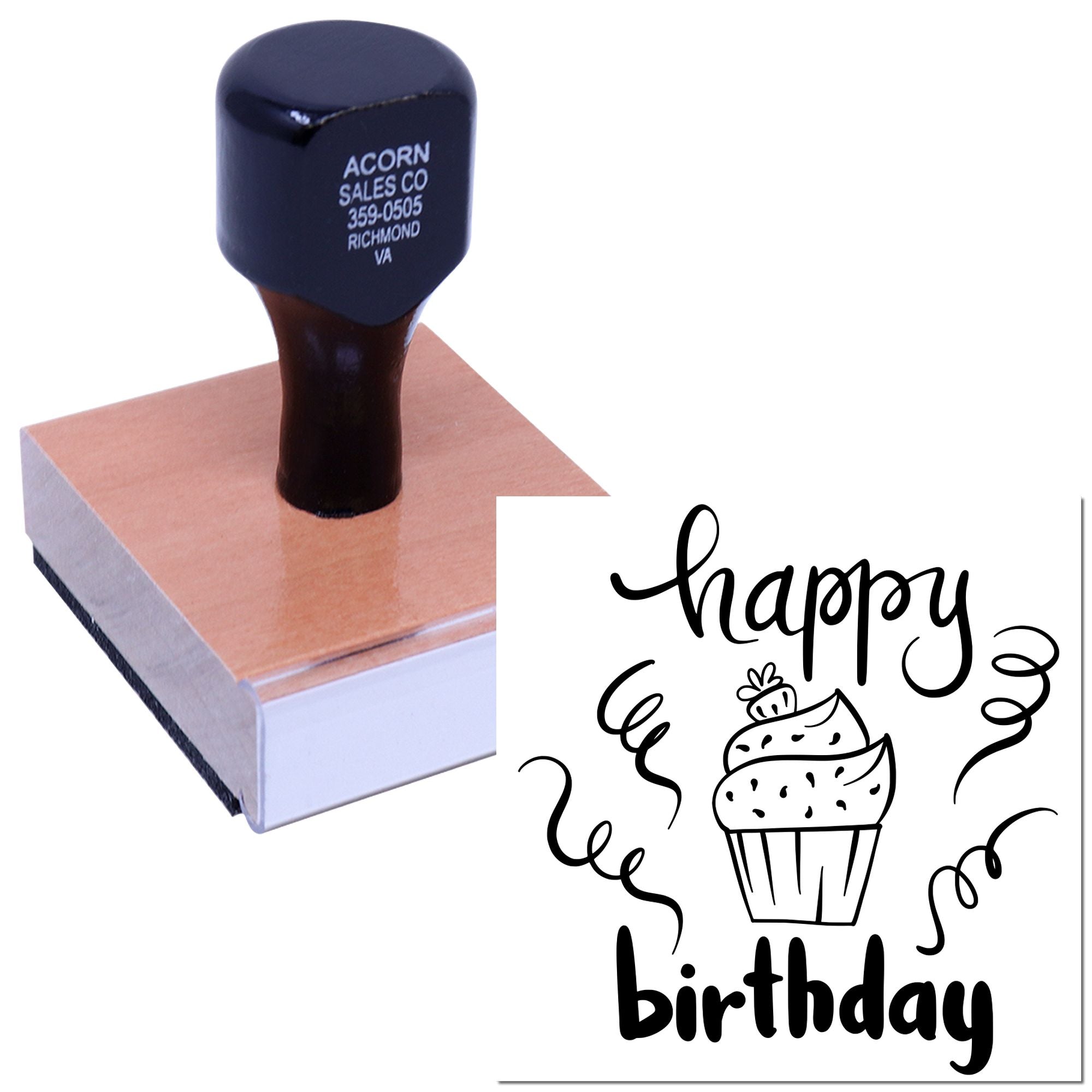 Custom happy birthday rubber stamp with cupcake design for cards, invitations, and scrapbooking.