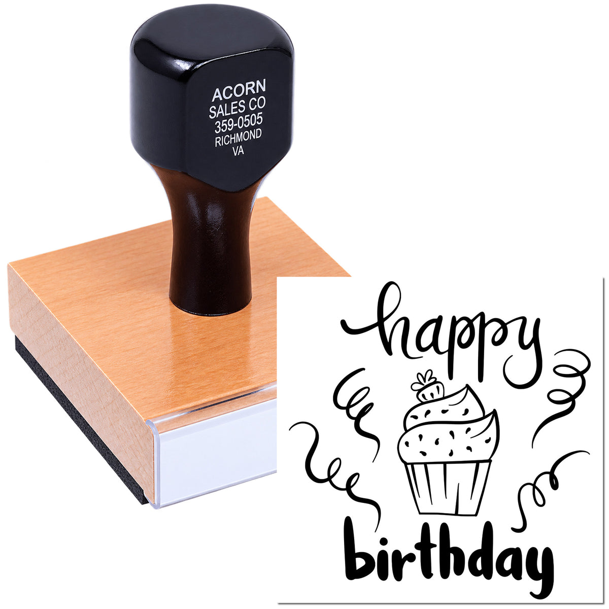 Custom happy birthday rubber stamp with cupcake design for cards, invitations, and scrapbooking.