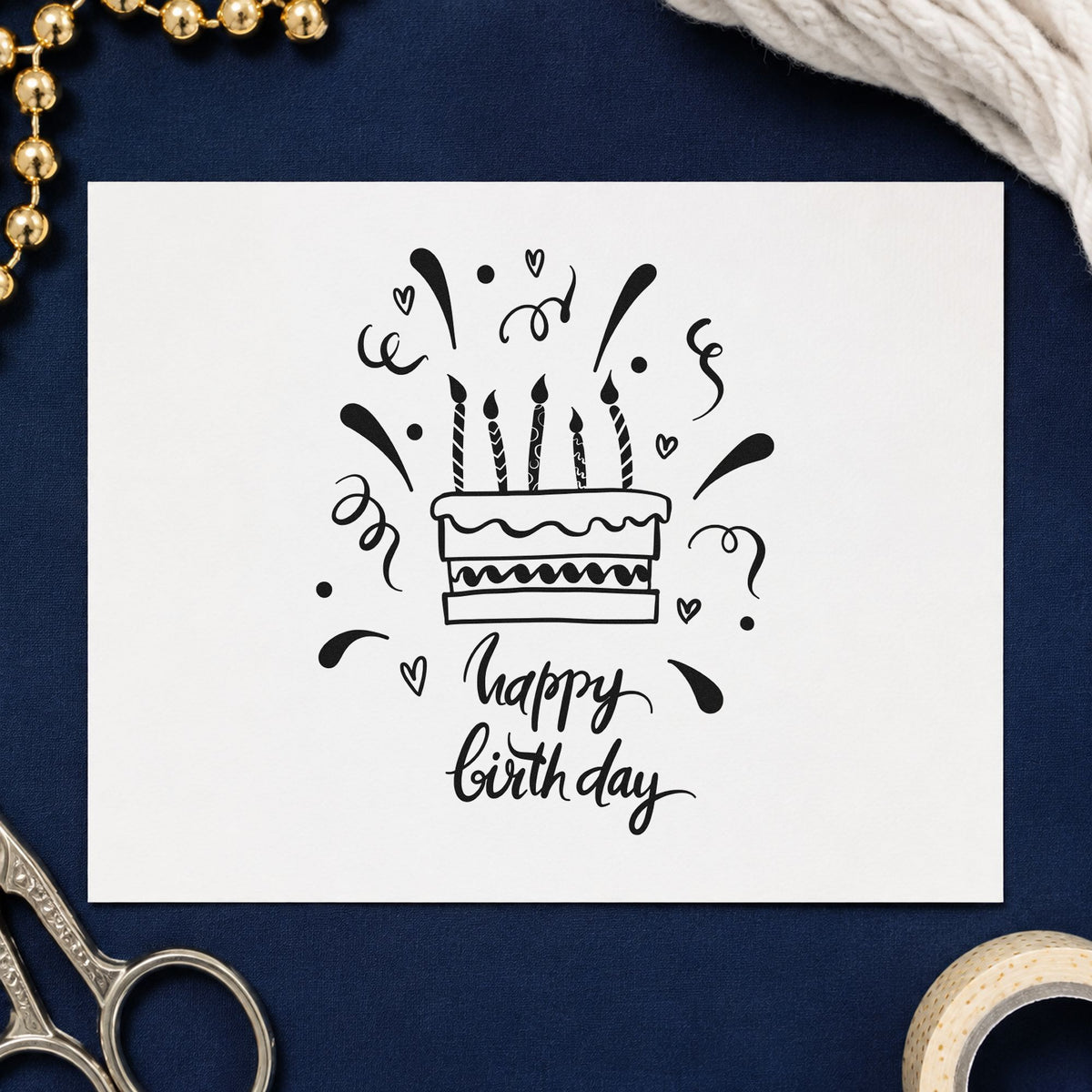 Birthday Candle Cake Confetti craft stamp in black ink on cardstock, an easy option for office year album page.