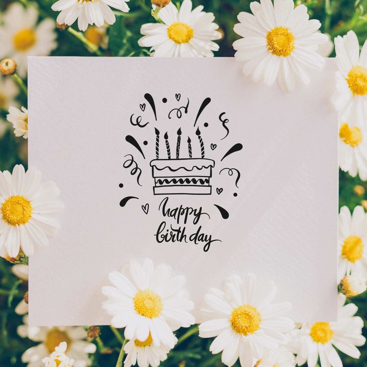 Happy birthday cake rubber stamp on floral card, perfect for handmade greeting cards, scrapbooking, and party crafts.