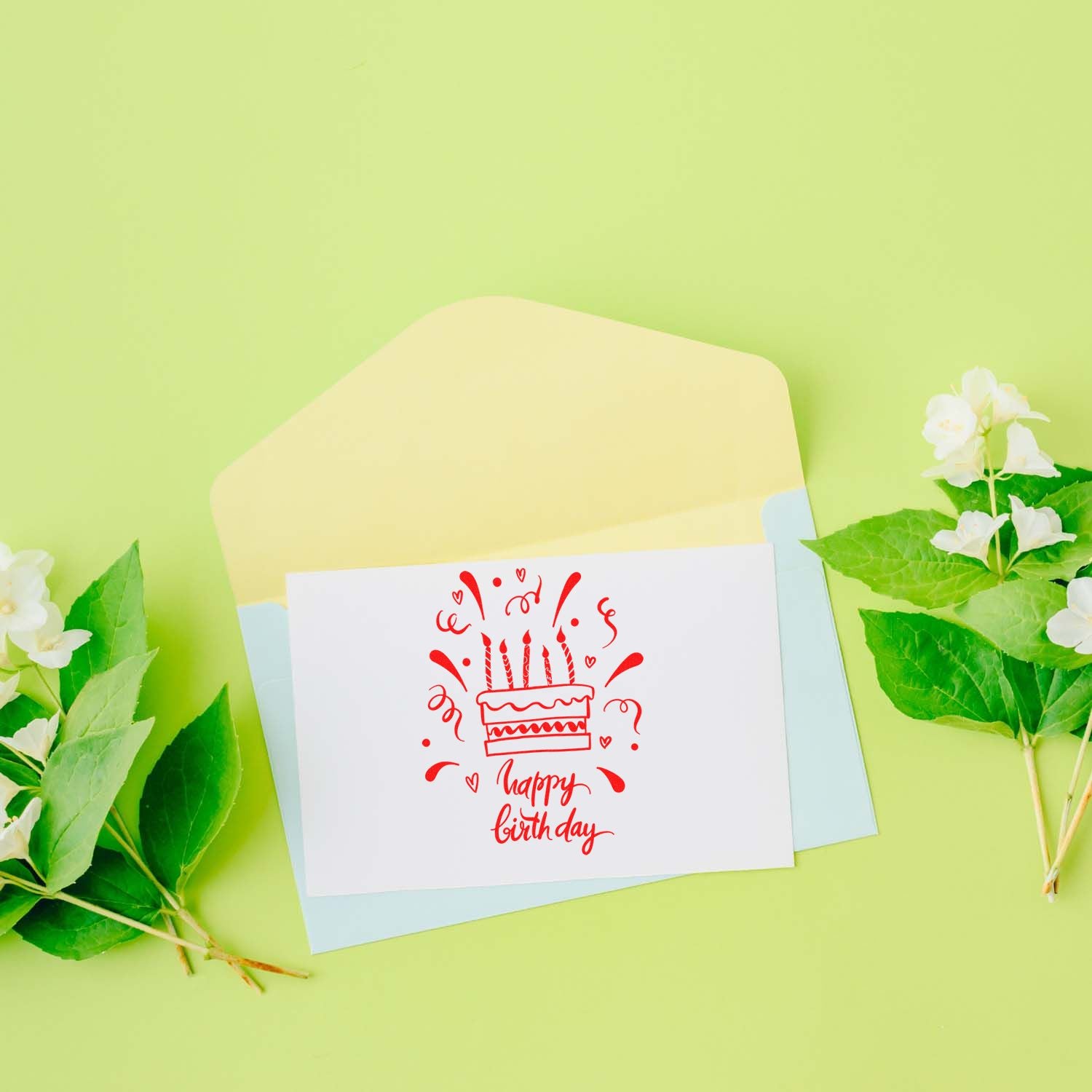 Happy birthday cake rubber stamp on greeting card, ideal for birthday card making, scrapbooking, and craft projects.