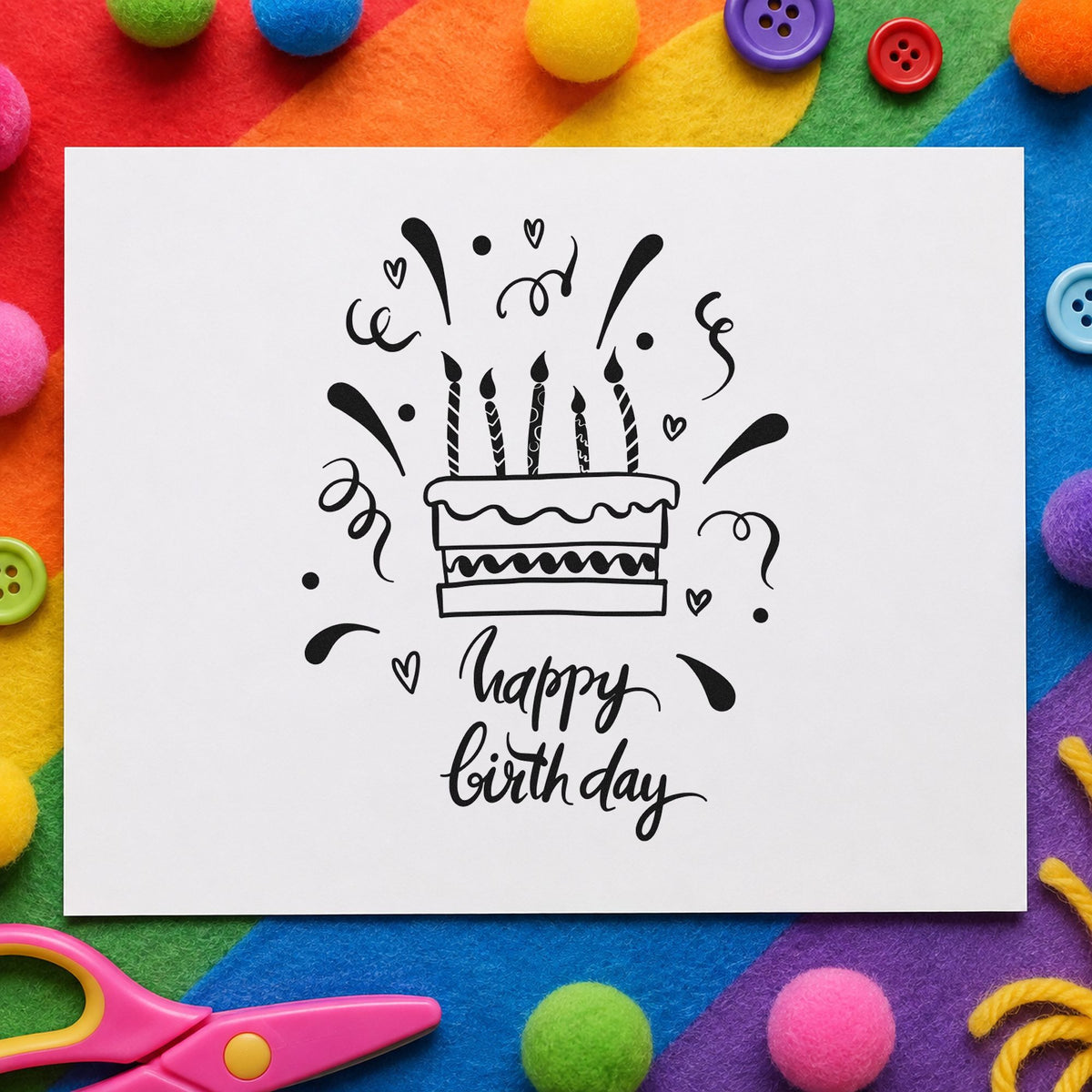 Birthday Candle Cake Confetti craft stamp imprint in black ink on a handmade project, one idea being desk gift tags.