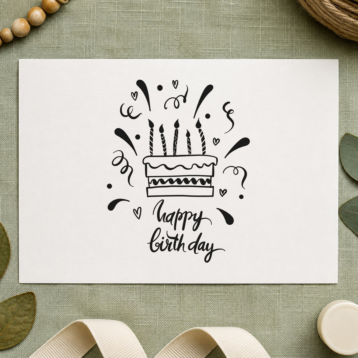 Birthday Candle Cake Confetti rubber stamp printed in black ink, ready for birthday list sheet and similar paper crafts.