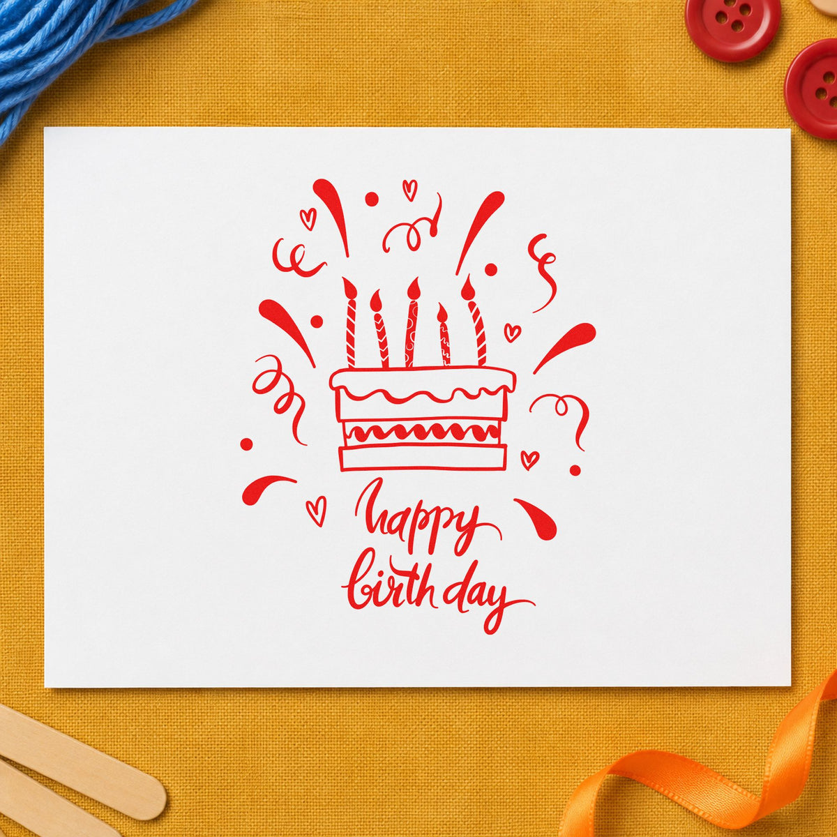 Birthday Candle Cake Confetti rubber stamp shown in red ink, stamped for projects such as bin candle labels.