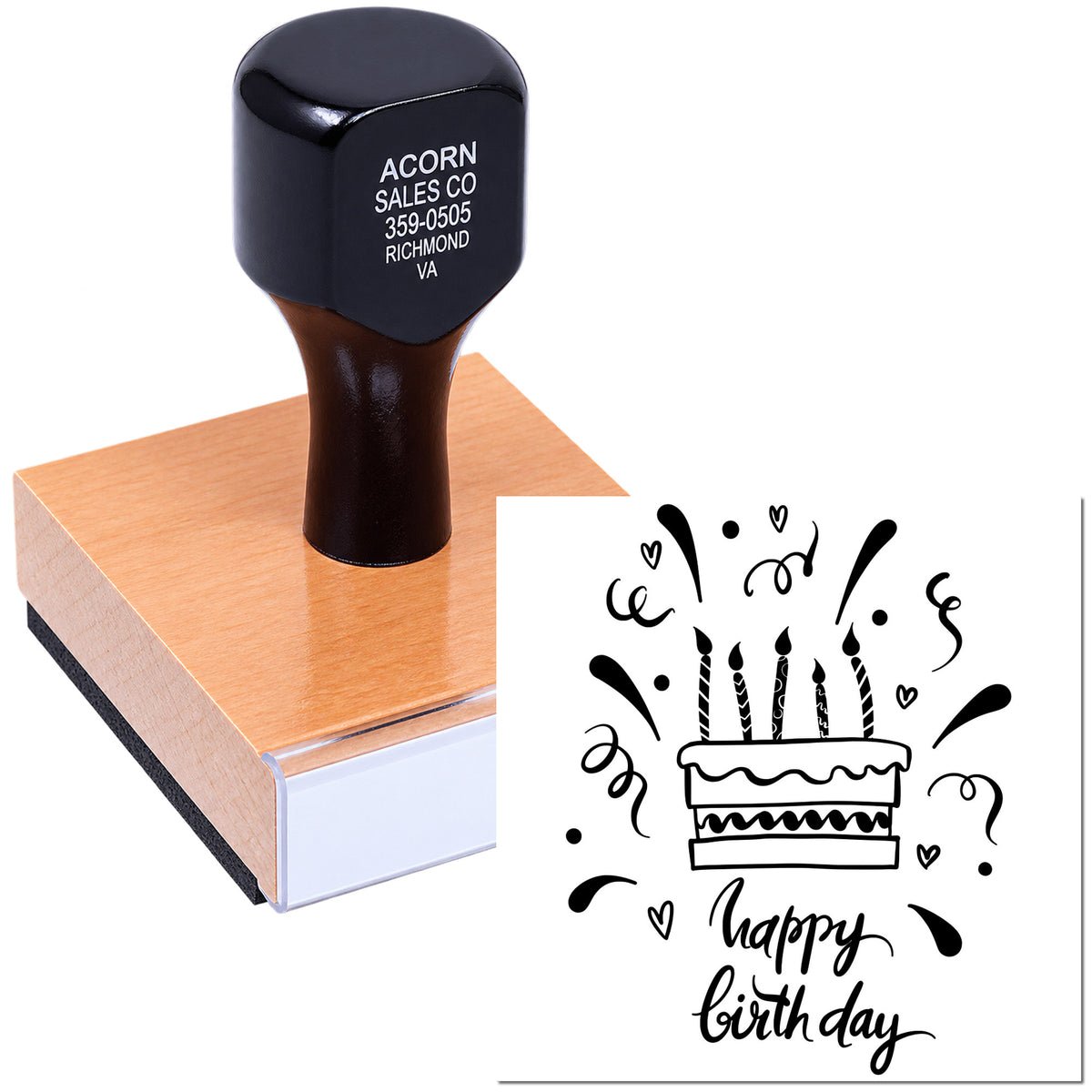 Custom birthday rubber stamp with happy birthday cake design for cards, invitations, and scrapbooking