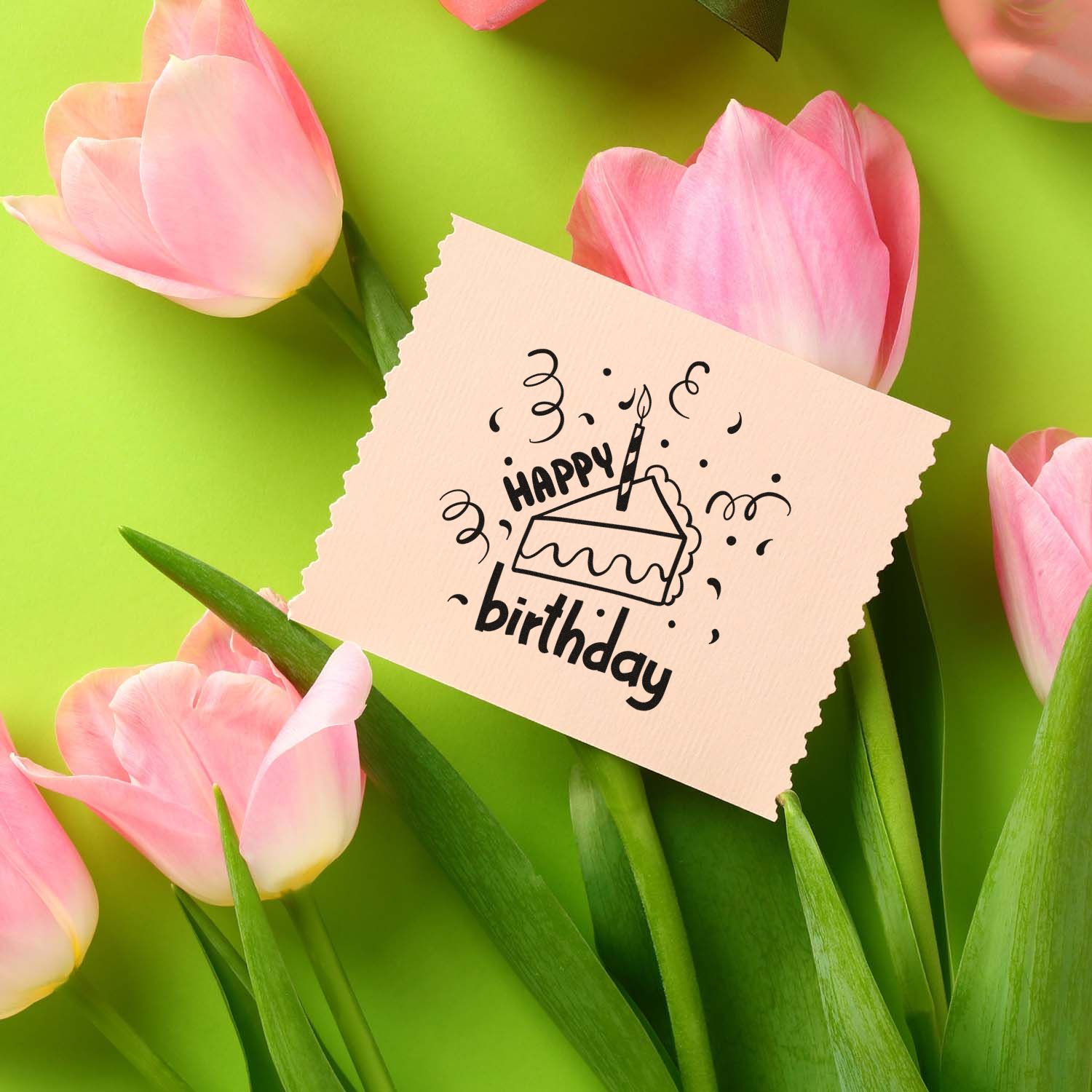 Happy Birthday rubber stamp with cake icon, perfect for handmade cards, gift tags and birthday packaging.