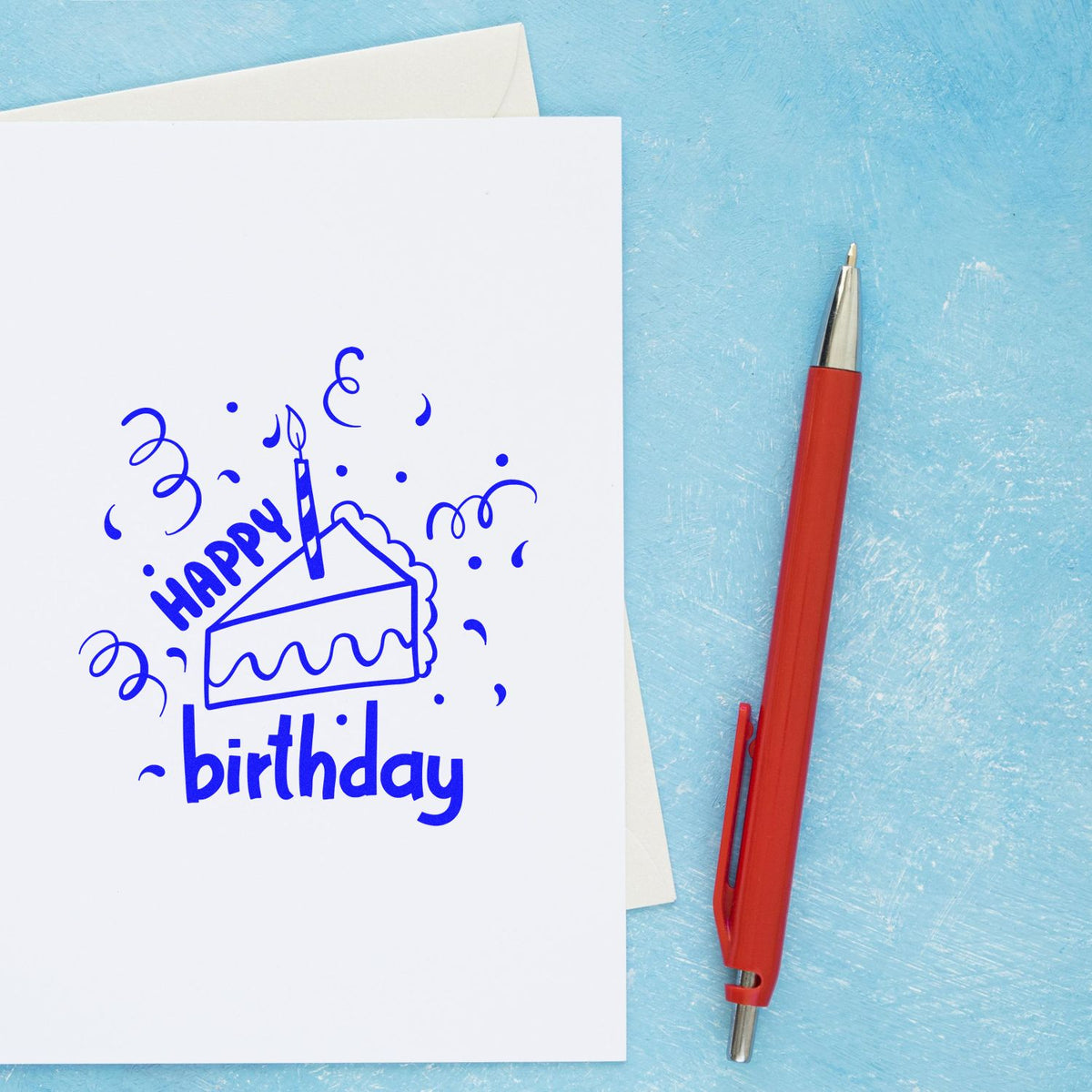 Birthday Cake Slice Candle rubber stamp shown in blue ink, stamped for projects such as brunch album page.