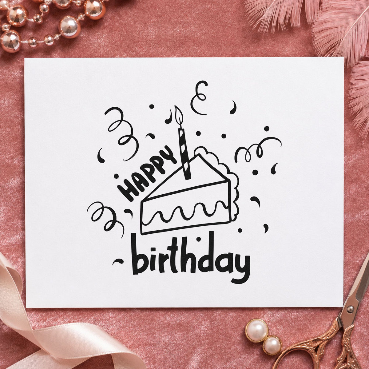 Birthday Cake Slice Candle rubber stamp printed in black ink, ready for brunch menu sheet and similar paper crafts.