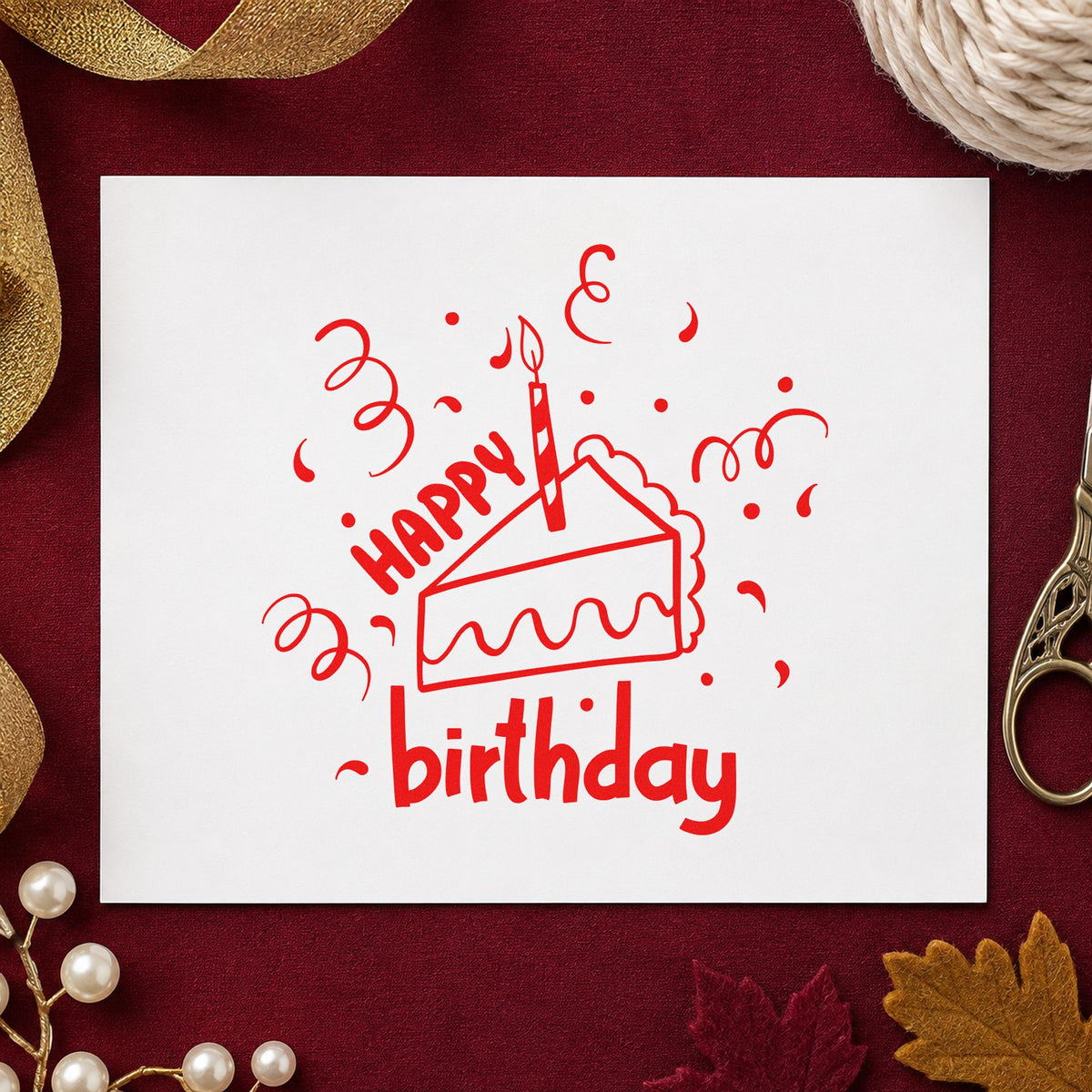 Birthday Cake Slice Candle rubber stamp shown in red ink, stamped for projects such as bin serving labels.