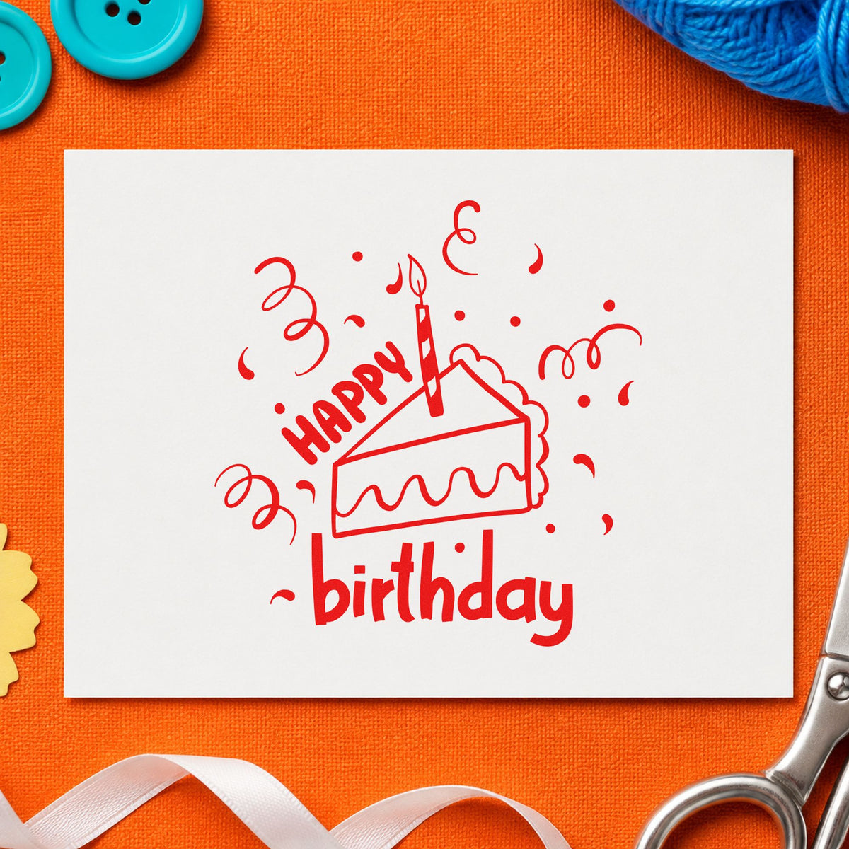 Birthday Cake Slice Candle craft stamp imprint in red ink on a handmade project, one idea being place card notes.