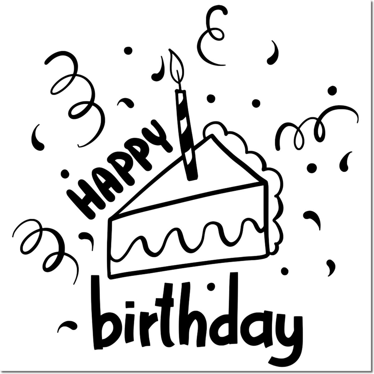 Happy Birthday rubber stamp design with cake and confetti, perfect for birthday cards, scrapbooking, and party crafts.