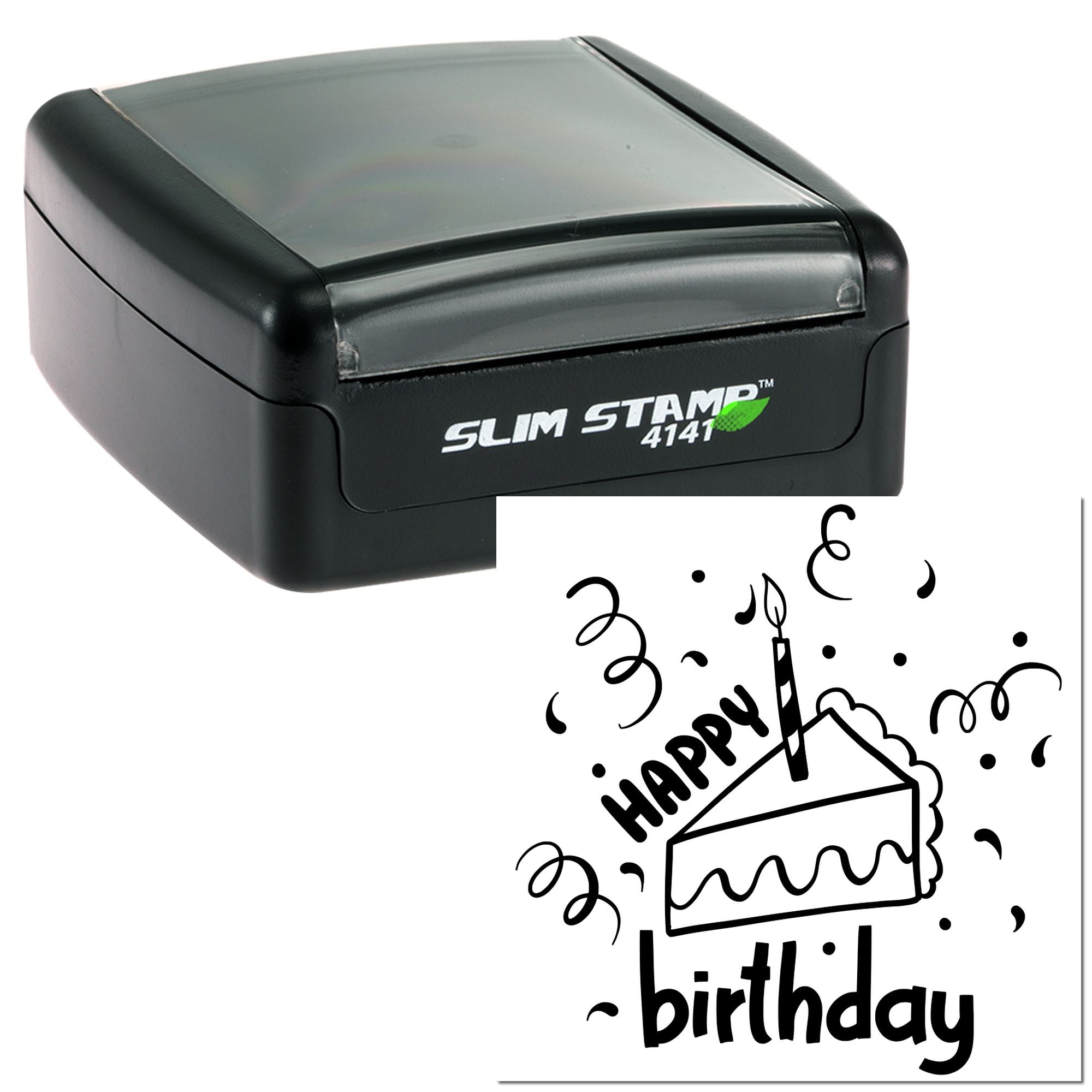 Slim Stamp 4141 self-inking rubber stamp featuring happy birthday cake design for custom birthday greeting cards.