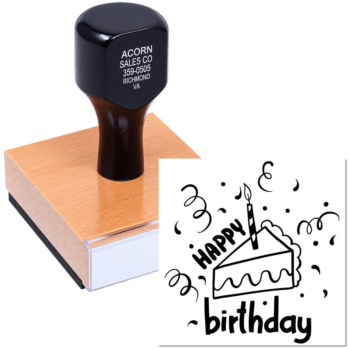 Custom rubber birthday stamp with Happy Birthday cake design for invitations, cards, and party packaging