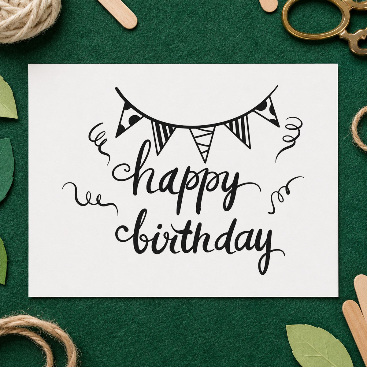 Birthday Bunting Streamer Script craft stamp in black ink on cardstock, an easy option for garden party album page.