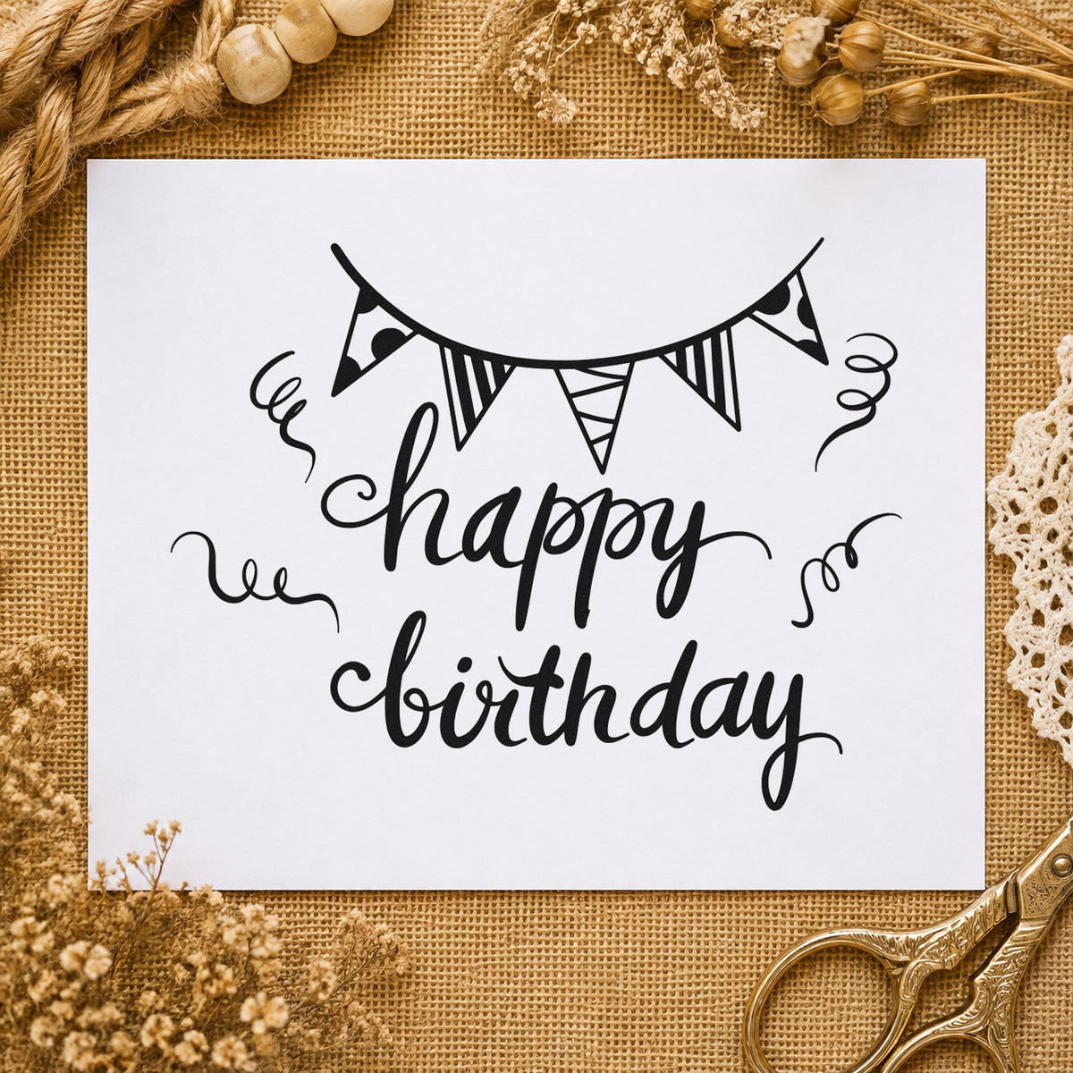 Birthday Bunting Streamer Script craft stamp imprint in black ink on a handmade project, one idea being drink jar gift tags.