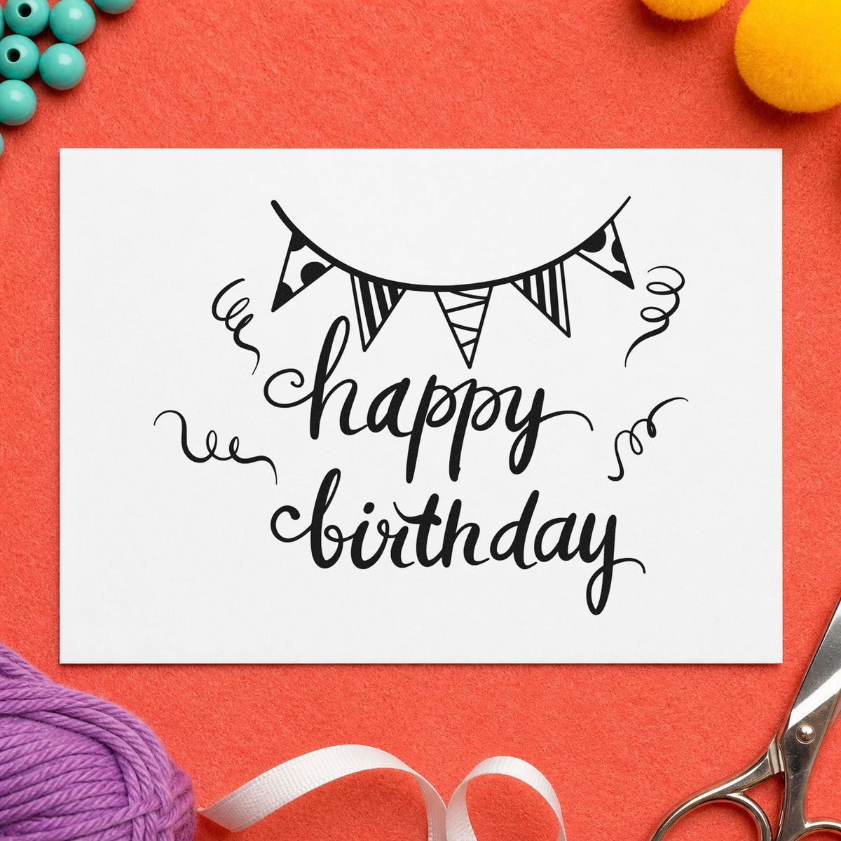 Birthday Bunting Streamer Script rubber stamp printed in black ink, ready for setup task sheet and similar paper crafts.