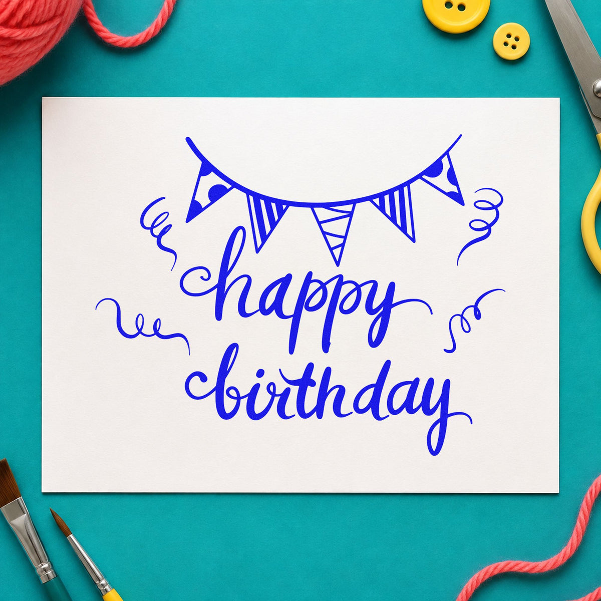 Birthday Bunting Streamer Script craft stamp in blue ink on cardstock, an easy option for bunting panel printing.