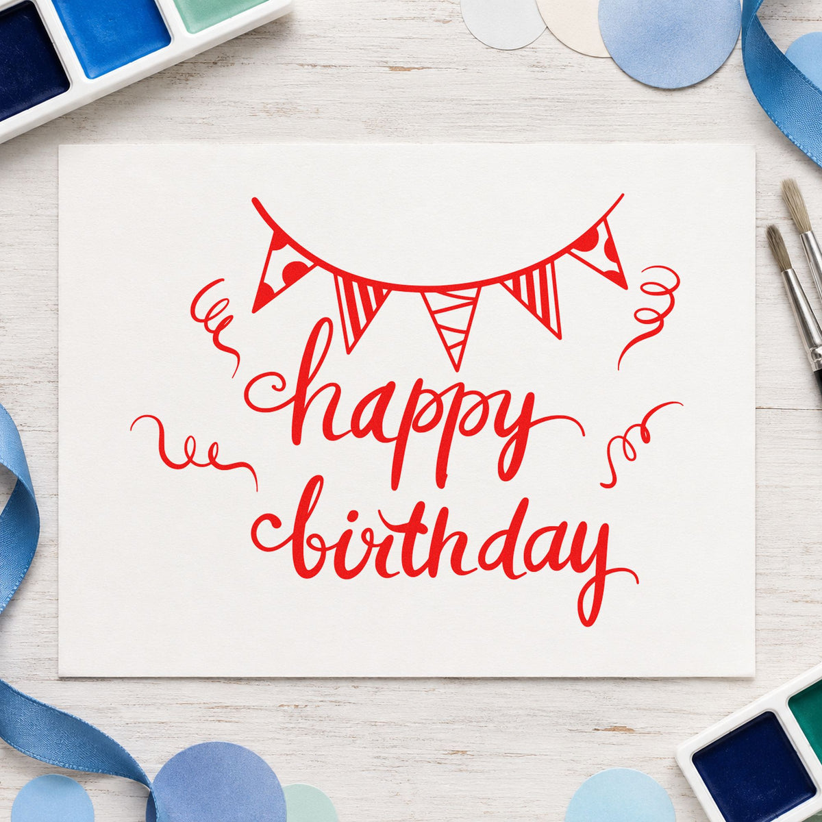 Birthday Bunting Streamer Script rubber stamp shown in red ink, stamped for projects such as bin decor labels.
