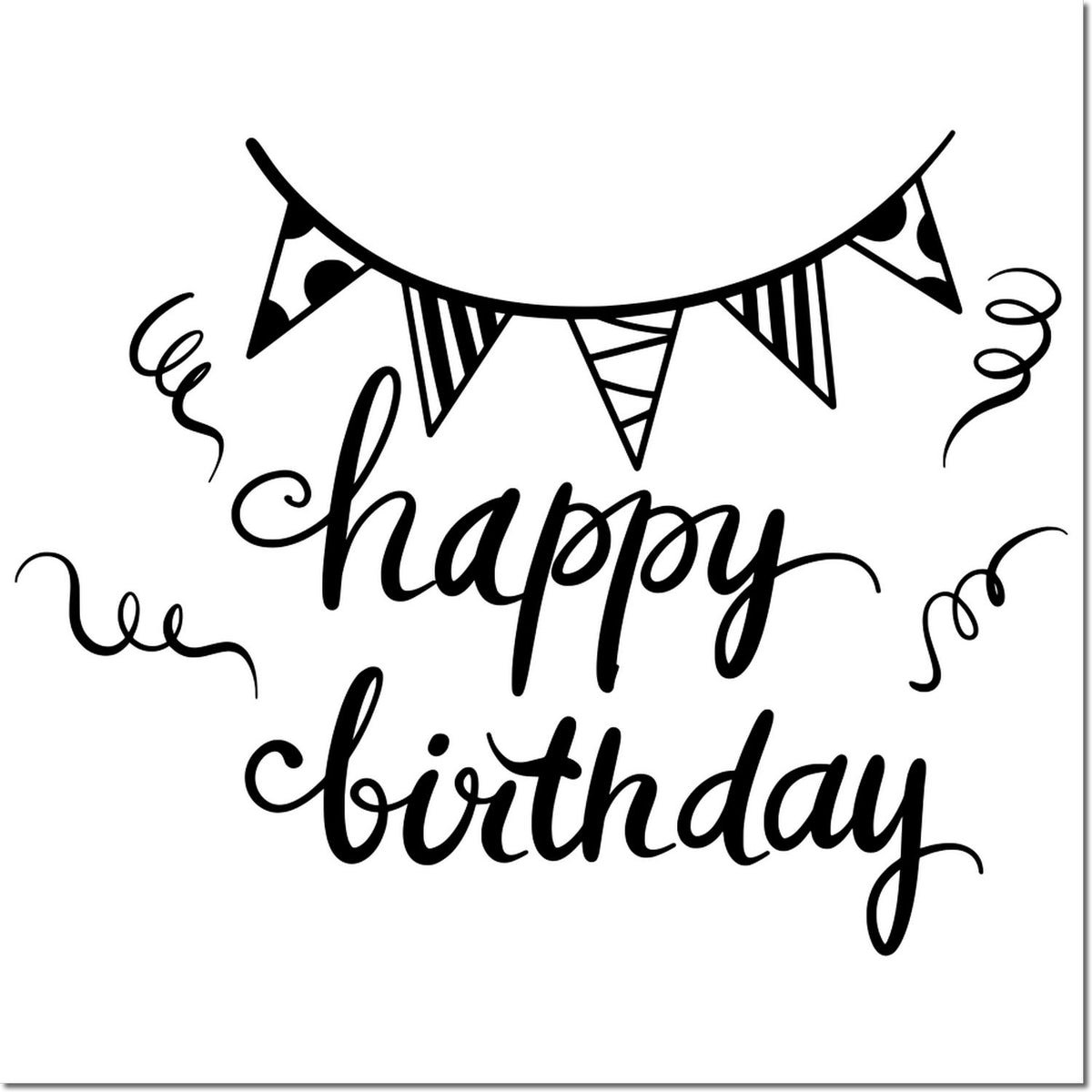 Happy birthday rubber stamp design with festive bunting, confetti, and cursive lettering for birthday cards and crafts.