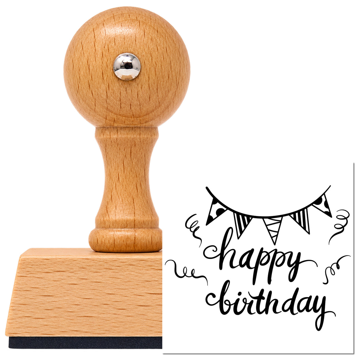 Birthday Bunting Streamer Script Vintage Pro rubber stamp in European beech wood with a round knob handle, shown beside its black imprint.