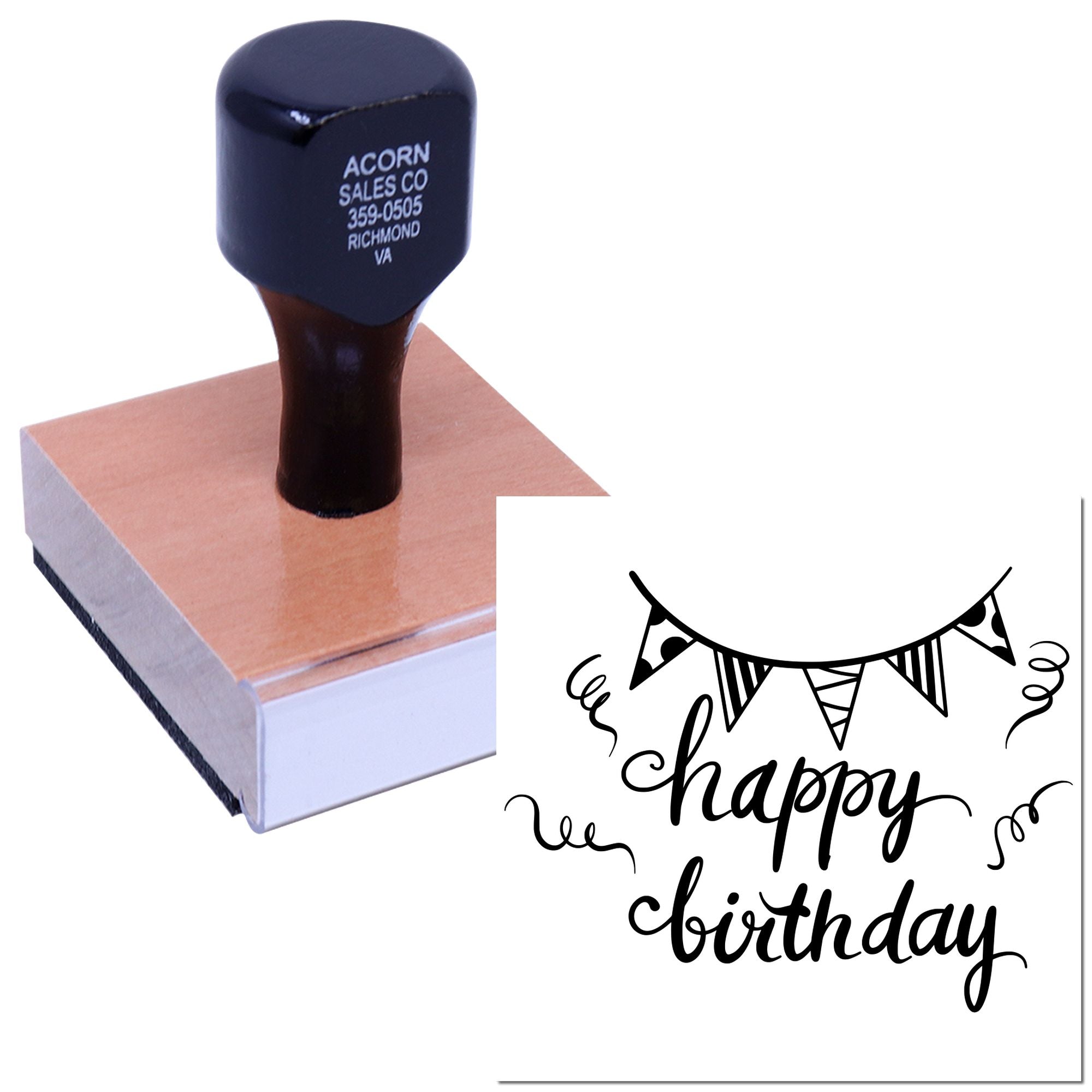 Custom rubber stamp with Happy Birthday bunting design, shown on a wood block stamp impression.