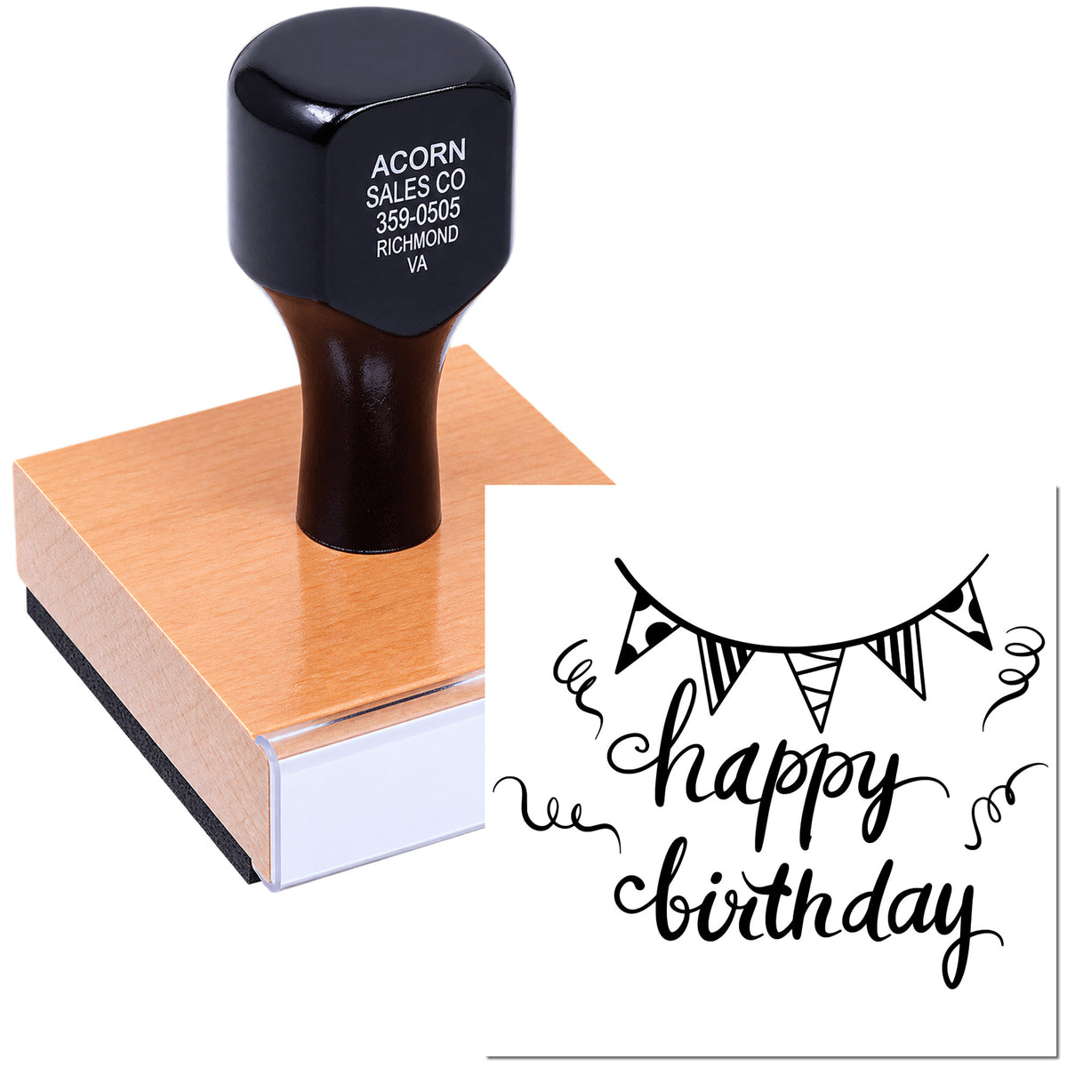 Custom rubber stamp with Happy Birthday bunting design, shown on a wood block stamp impression.